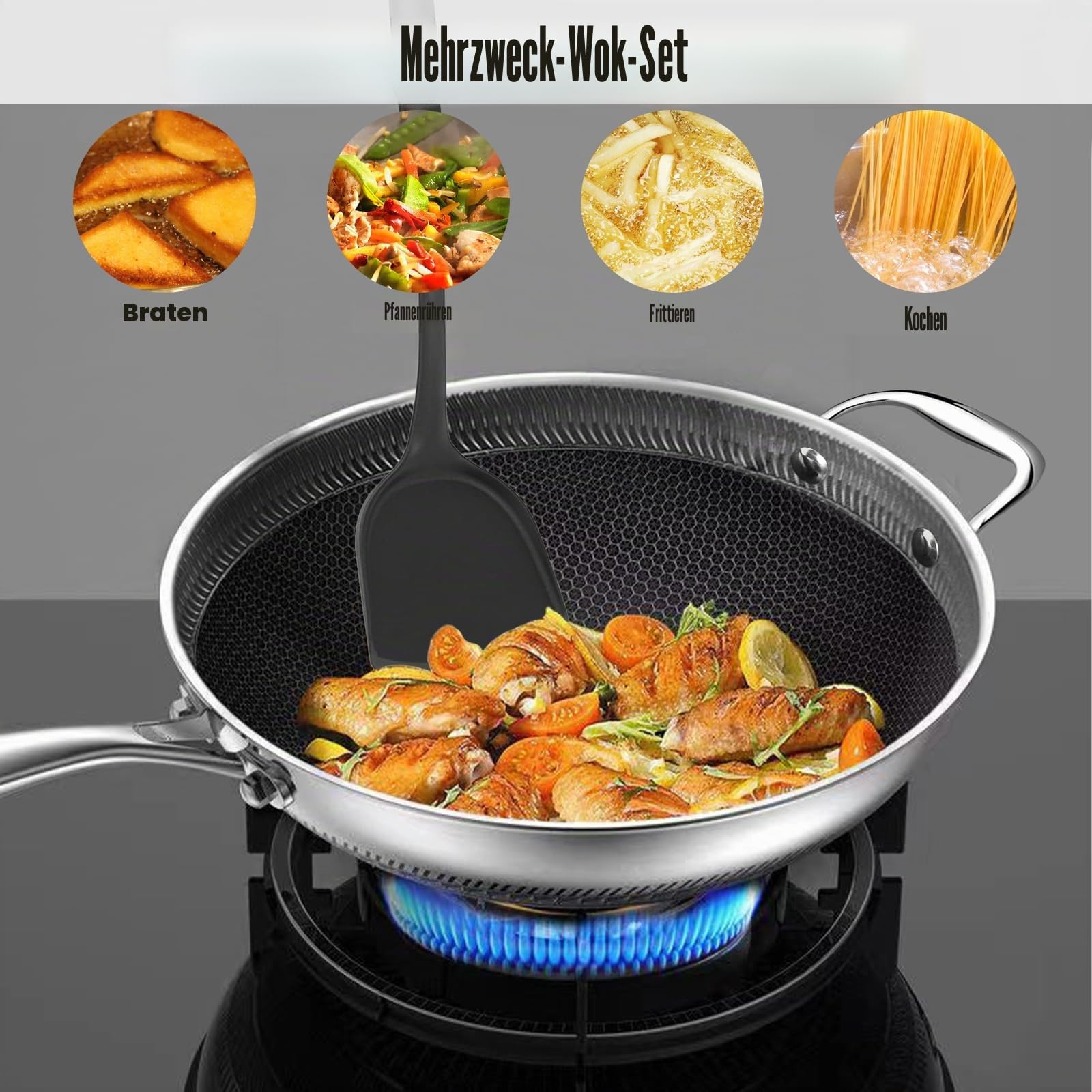 Wokpfanne mit Glasdeckel Spachtel Bratpfanne 32cm Edelstahl Pfanne Für Alle Kochplatten Wokpfanne Induktion Wok Wabenstruktur mit Antihaftbeschichtung Spülmaschinengeeignet Non Stick Pan Küchenprodukt