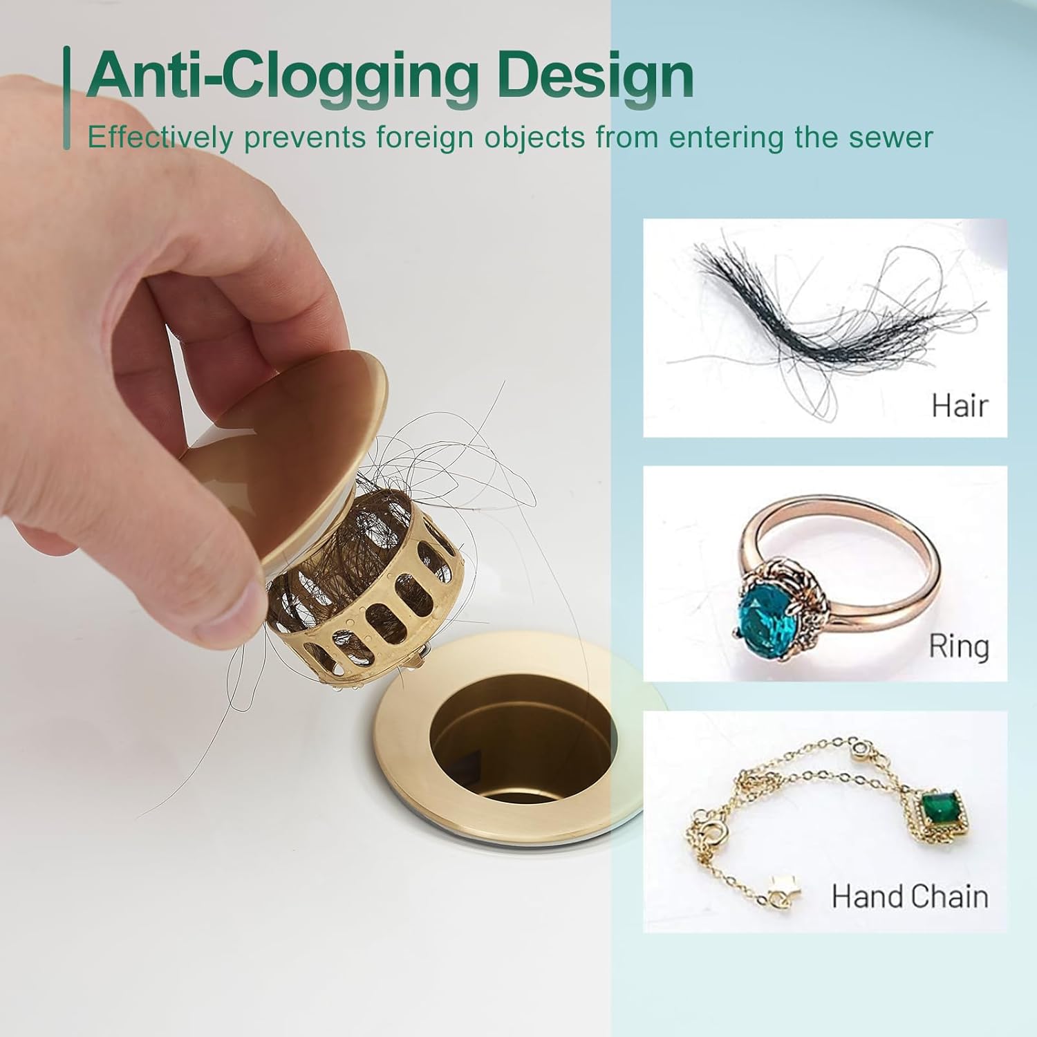 VOTON Bathroom Vessel Sink Pop Up Drain Without Overflow Assembly, Lavatory Vanity Sink Drain Stopper, Anti-Clogging Drain Strainer, Brushed Gold