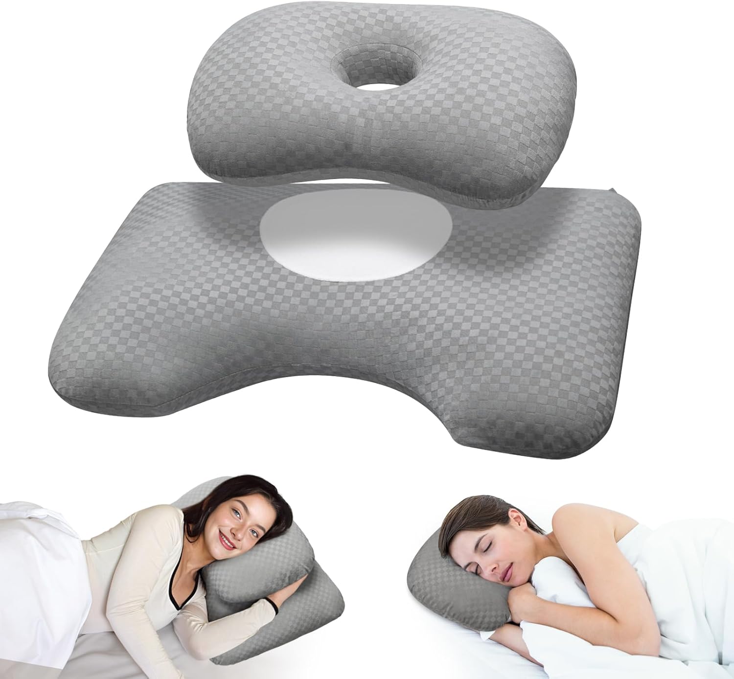 Ear Piercing Pillow and Cervical Pillow for Neck Pain Relief, Contour Pillow for Side, Back & Stomach Sleepers with Ear Hole, Orthopedic Neck Support for Spine Alignment (Gray)