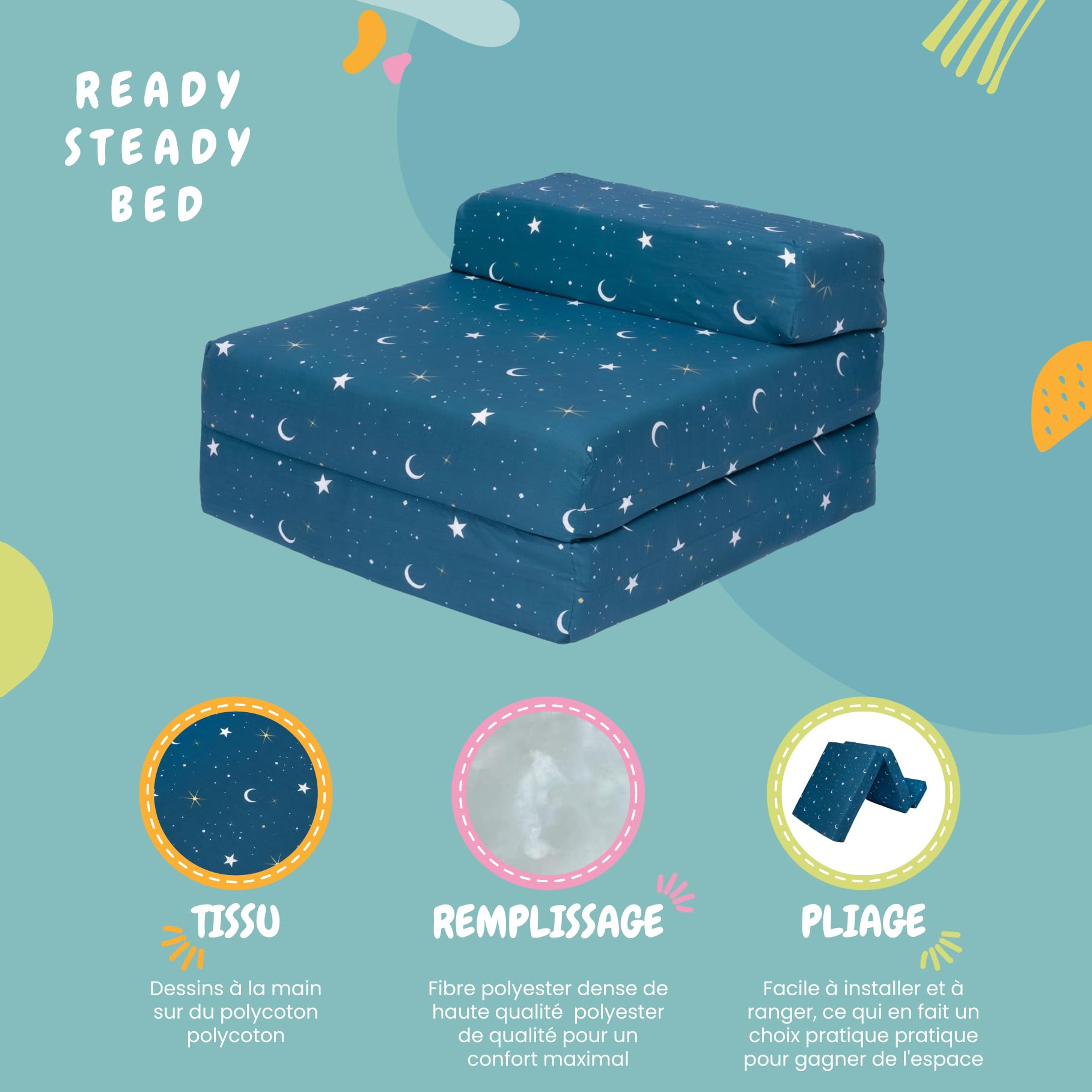 Ready Steady Bed Canapé-lit Enfant Pliable | Chaise-lit pour Enfants Imperméable pour Une Personne | Mobilier Confortable pour Tout-Petits pour Salon, Salle de Jeux, Chambre à Coucher (Clair de Lune)