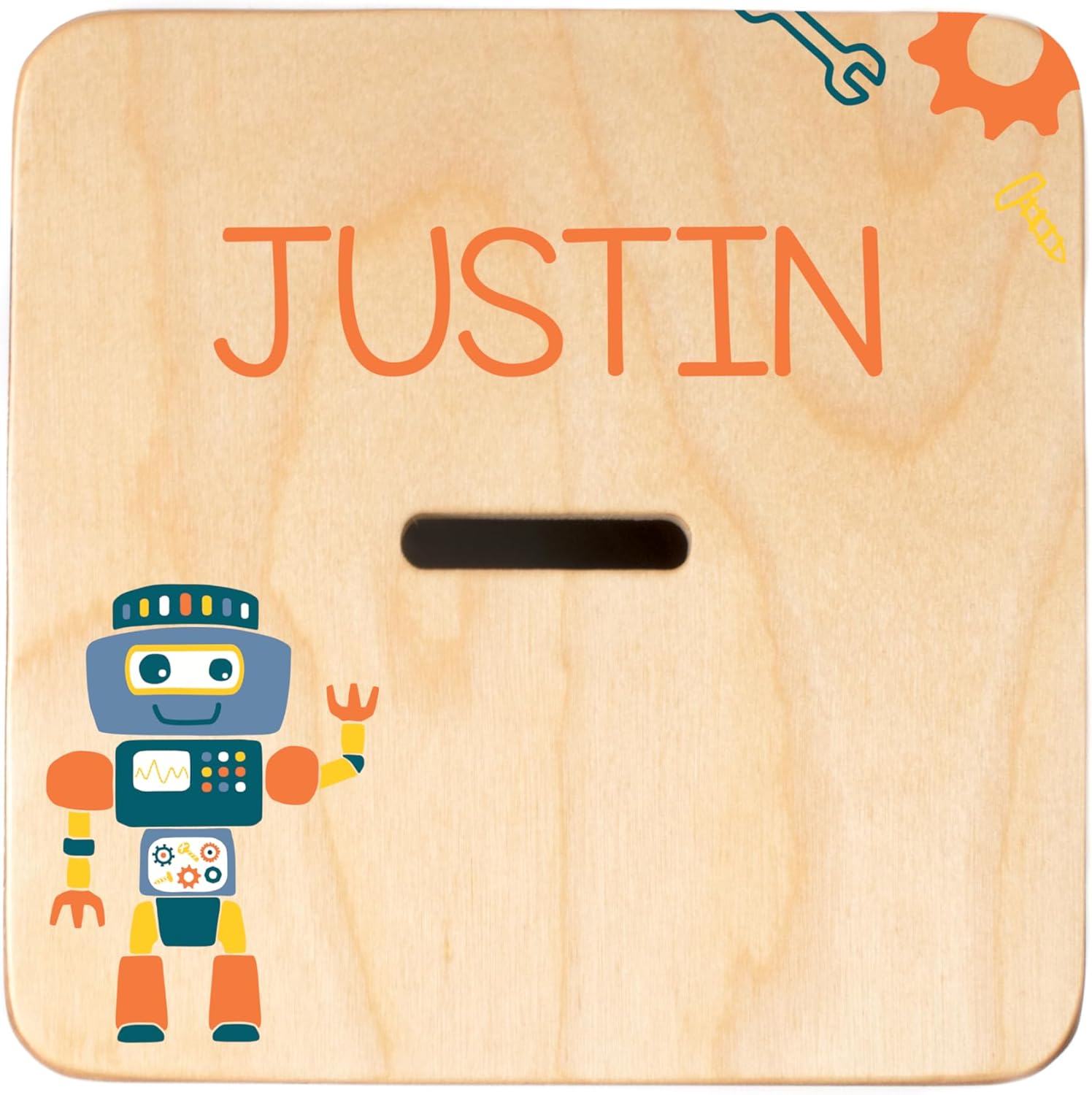 Wooden Piggy Bank for Kids and Adults, Personalized Gift Handmade in USA by BloomOwl, Custom Coin Bank for Boys and Girls (Robot Orange)