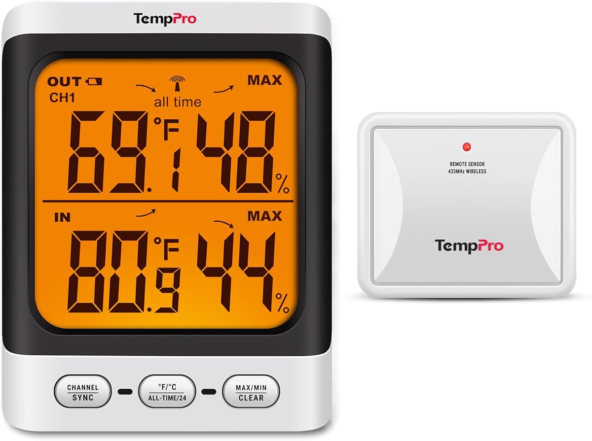 TempPro Indoor Outdoor Thermometer Wireless, 500 ft Outside Thermometer with Cold-Resistant Sensor, Outdoor Thermometer Waterproof for Patio with 3.3" LCD Backlit Display (Previously ThermoPro)