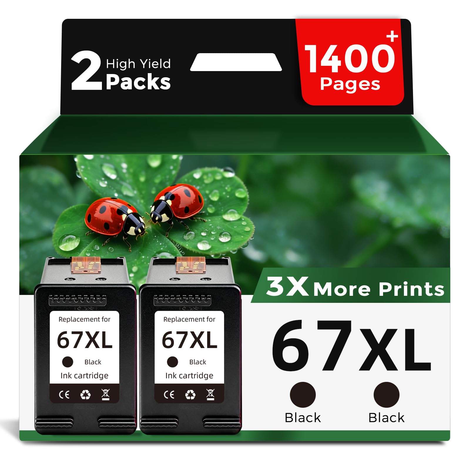 67XL Black Ink Cartridges Replacement for HP 67 XL HP67 HP67XL(2 Pack)