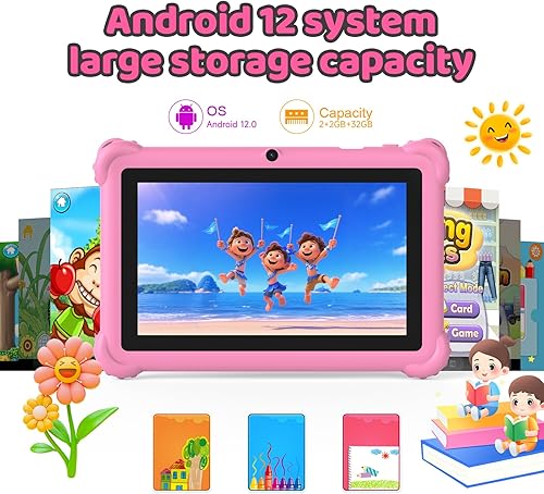 Kids Tablet 7 inch Android 12.0 Toddler Edition, IPS Screen, 4GB RAM 32GB ROM, Bluetooth, Parental Controls, Dual Camera, Fine Case for Educational Gaming.(Pink)