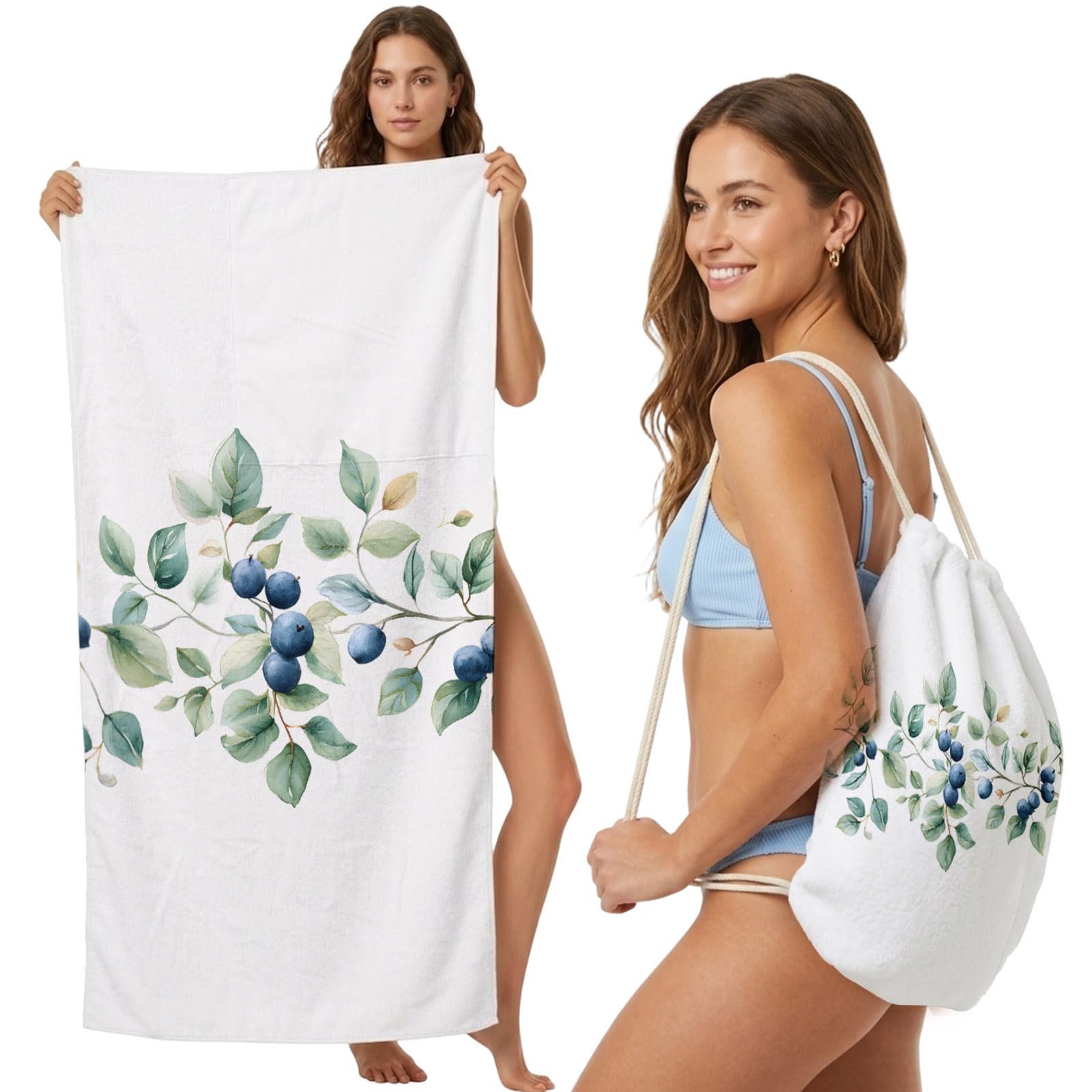 FWJZDSP Beach Towel Backpack Convertible Blueberry Leaf Sand Free Quick Dry Towel Bag Watercolor Plant Beach Towel with Adjustable Straps for Travel Swimming Pool Beach Accessories 31.5x63in