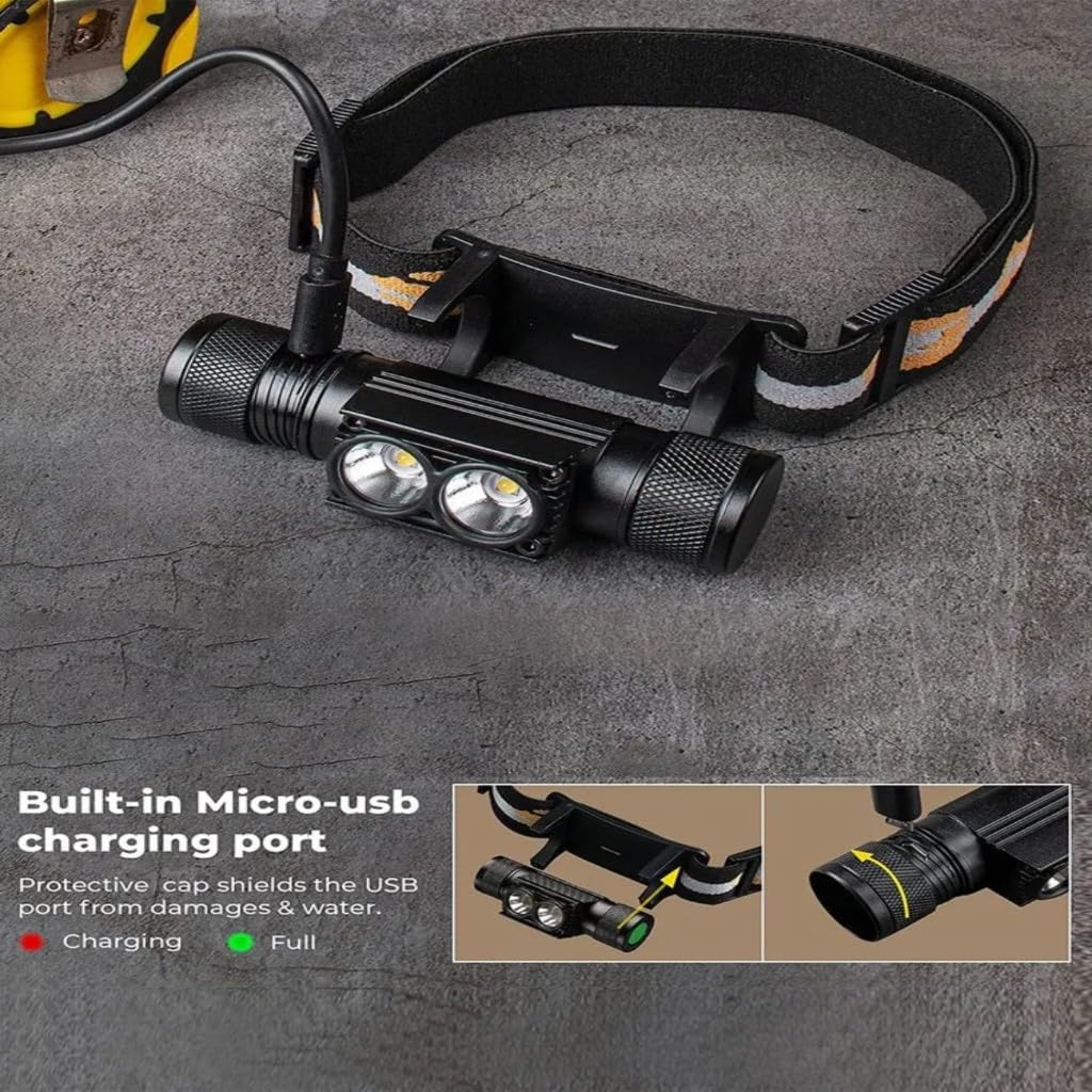 Linterna frontal recargable por USB de doble fuente de luz, iluminación portátil multifunción con 5 modos, batería de larga duración, ajuste de ángulo de 180 grados para camping, senderismo