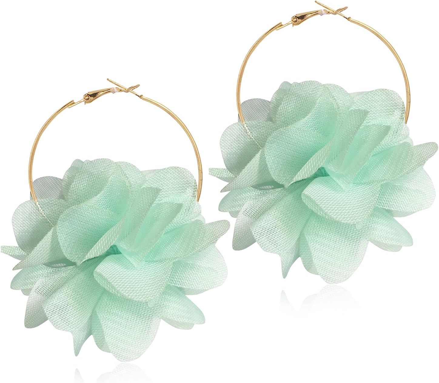 Lightweight Bohemian Big Fabric Flowers Dangle Drop Earrings Handmade Charm Chic Petal Hoop Earrings with Chiffon Floral Tassel for Women Vacation Wedding