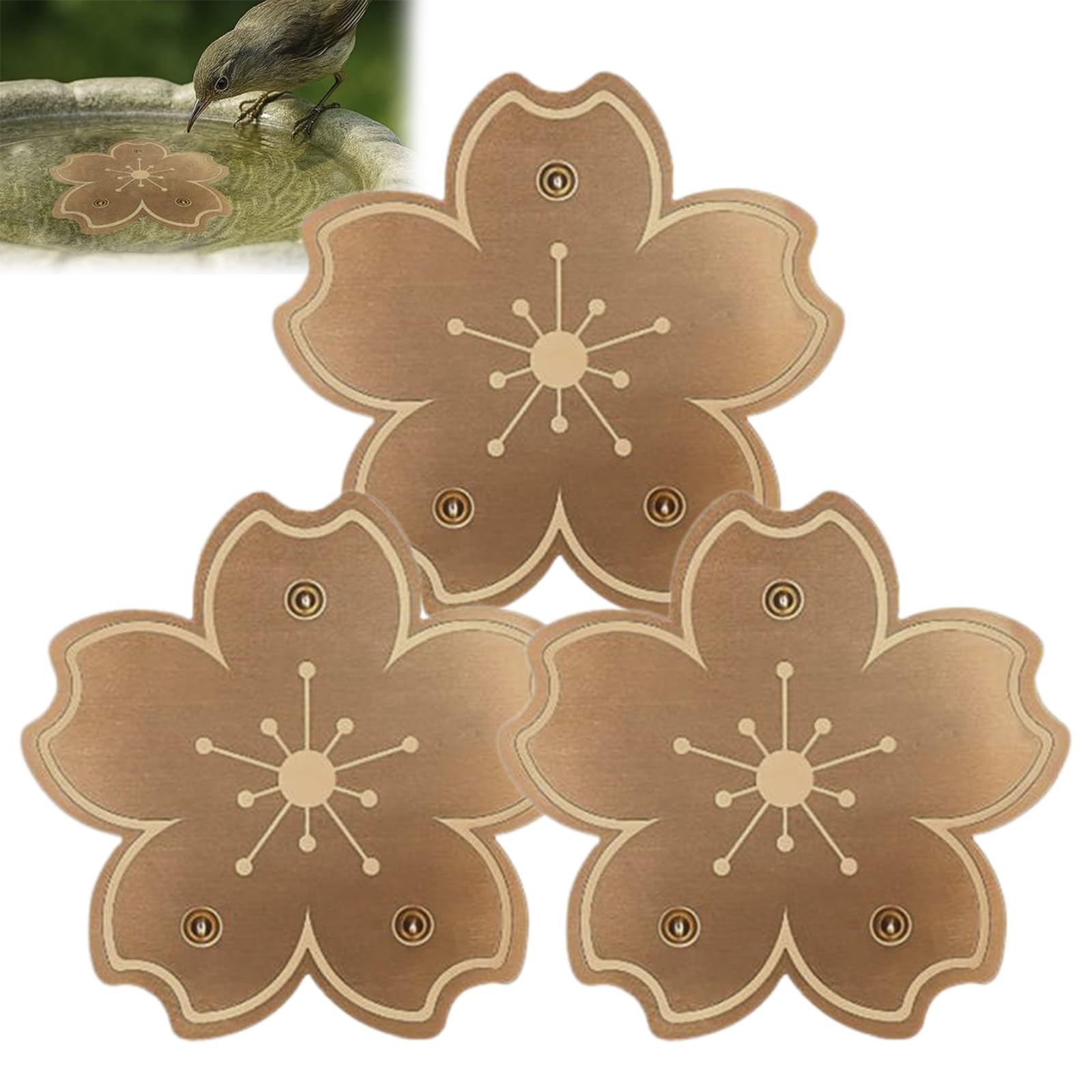 3PCS Bird Bath Copper Disk, Flower Shape Copper Disc For Bird Bath, Coppers Birdbath Purification Disc, Birdbath Cleaner Plate With Triple Point Support, Garden Accessories For Outdoor Bowl, Fountain