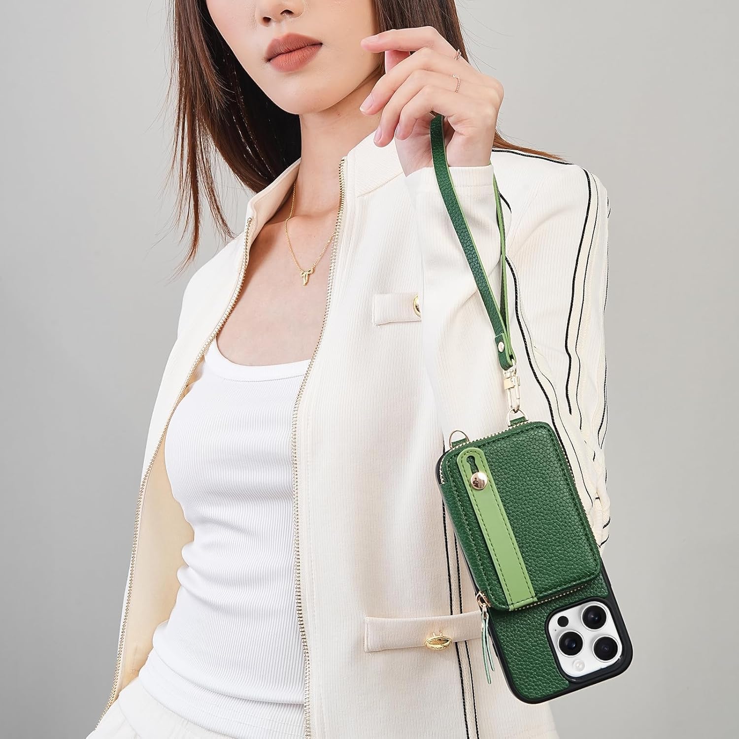 LAMEEKU for iPhone 15 Pro Wallet Case, Zipper Leather Card Slots Crossbody Cover Wrist Strap Lanyard with Phone Grip Holder Stand for iPhone 15 Pro 6.1 inch Dark Green