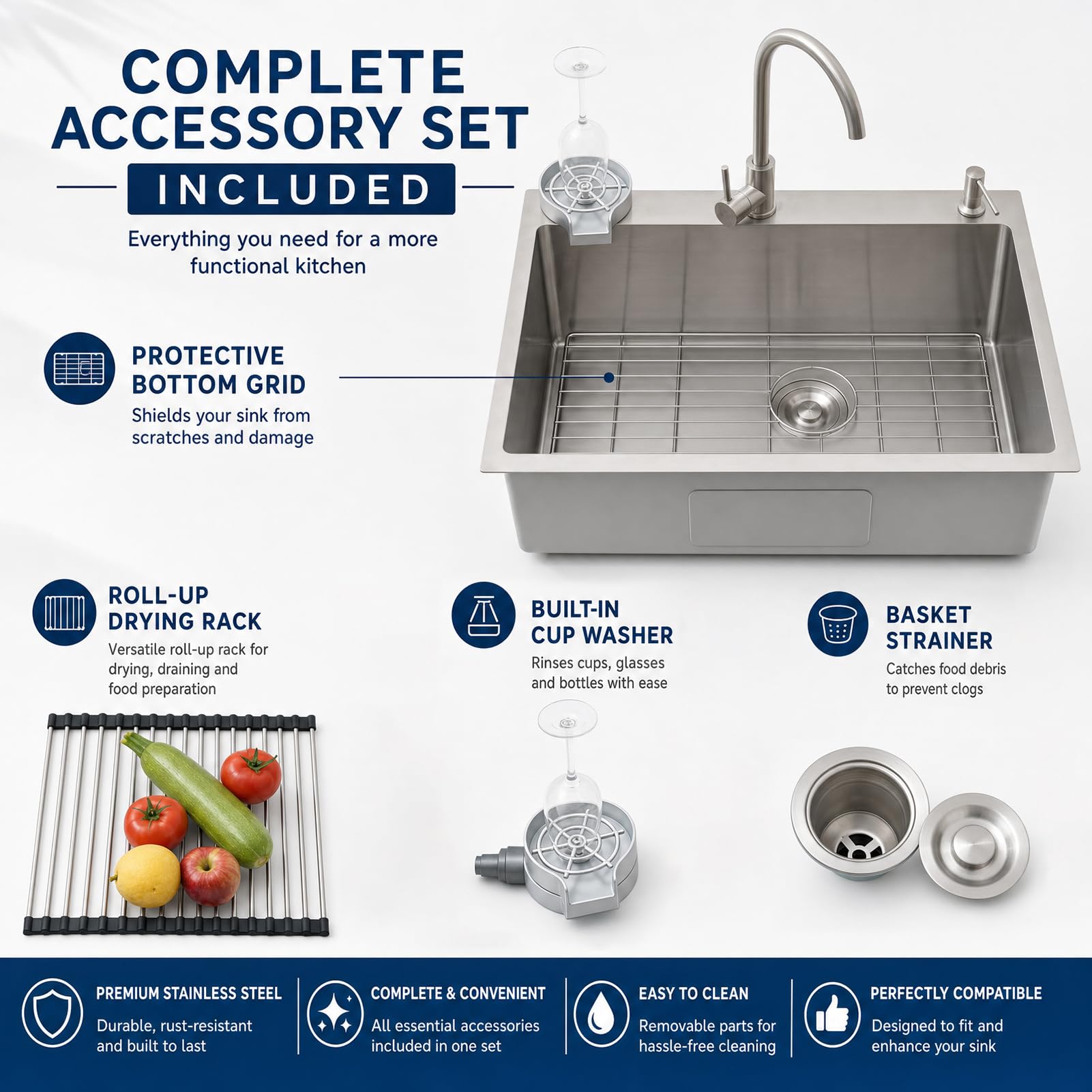 Fregadero Cocina 70x50cm, Fregadero Grande Cocina 1 Seno, Fregadero Cocina en Acero Inoxidable 304, Con Grifo de Cocina, Filtro de Drenaje, Ifón, Rebosadero y Residuos, Kitchen Sink