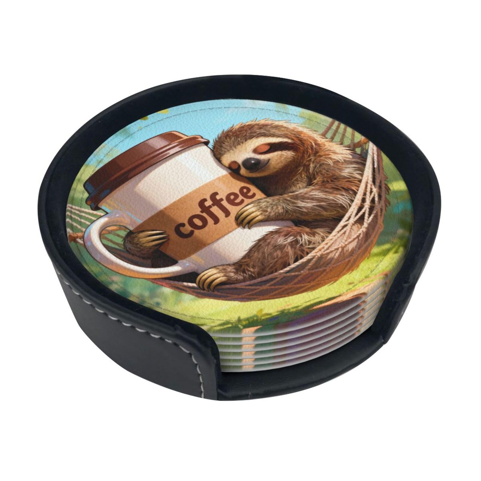 Animals in a hammock Leather Coasters-Set of 6 with Storage Holder