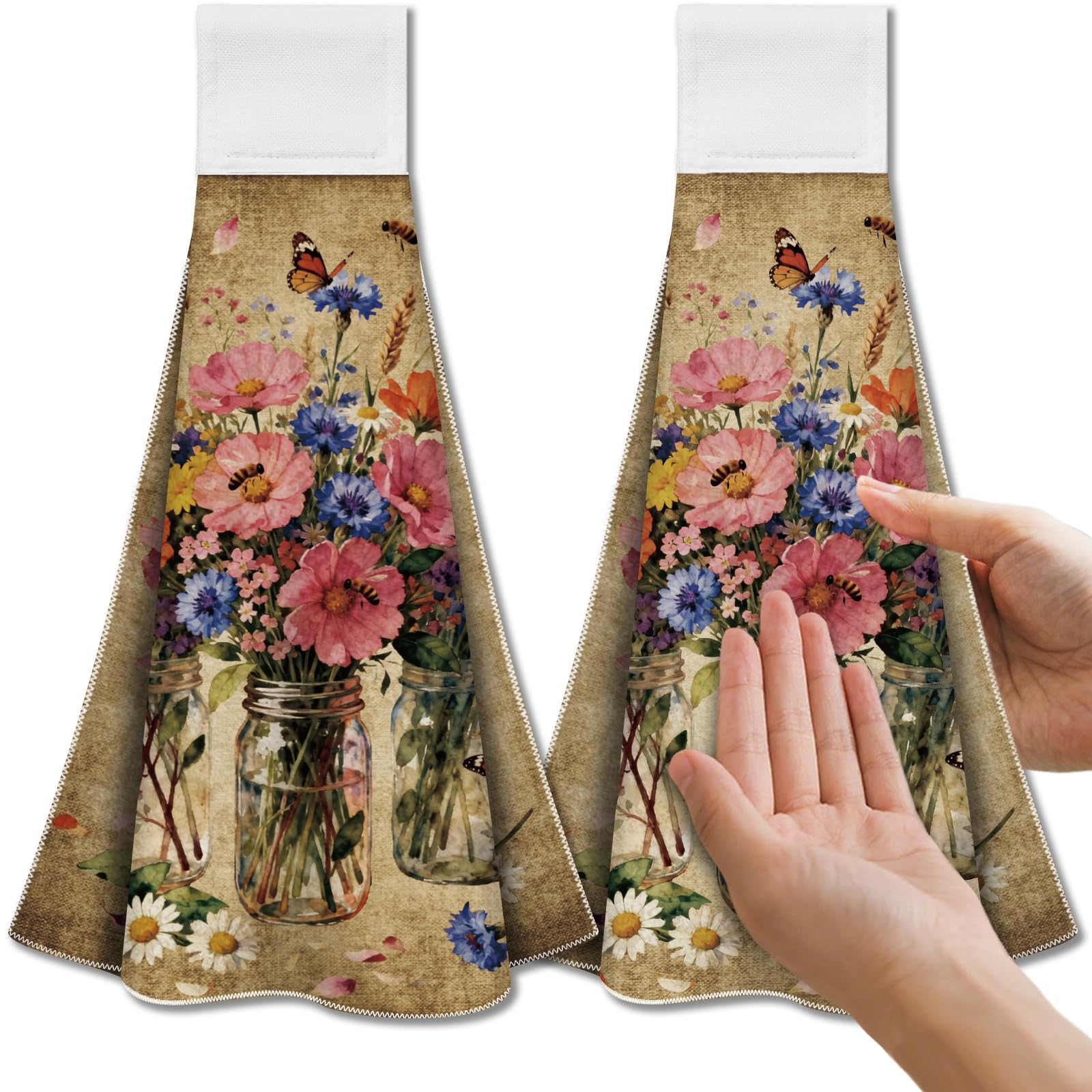 CUTHOLLOW 2 Pcs Vintage Daisies and Vase Hanging Kitchen Towels with Loop
