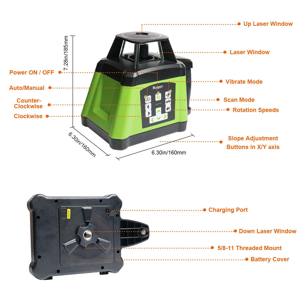 Huepar Livello Laser Verde Autolivellante 360 Rotante, Telecomando Regolabile per Interno/Esterno, Diametro di lavoro di 500m con Ricevitore, con Batteria Ricaricabile & Caricabatterie, RL200HVG