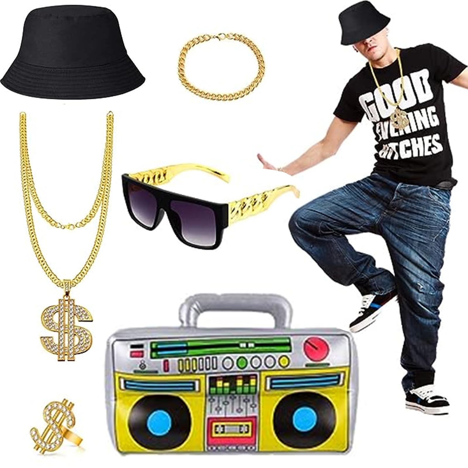 Set Accessori Rapper Anni 80-90 - Occhiali, Catene E Anelli Per Costumi Hip Hop E Feste A Tema - Foto 9