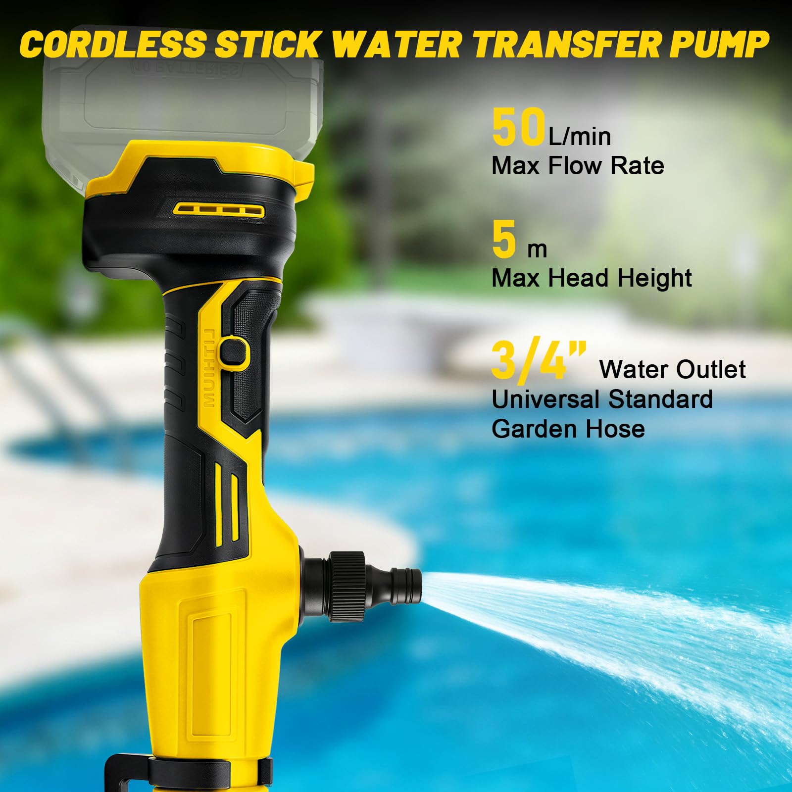 Akku-Regenfasspumpe 50 l/min kompatibel mit Dewalt 20V-Akku (ohne Batterie) | tragbare Stabpumpe, mit Sprühkopf und 1,5 m langem Schlauch, für Pools, Gärten, Teichen, Fässern