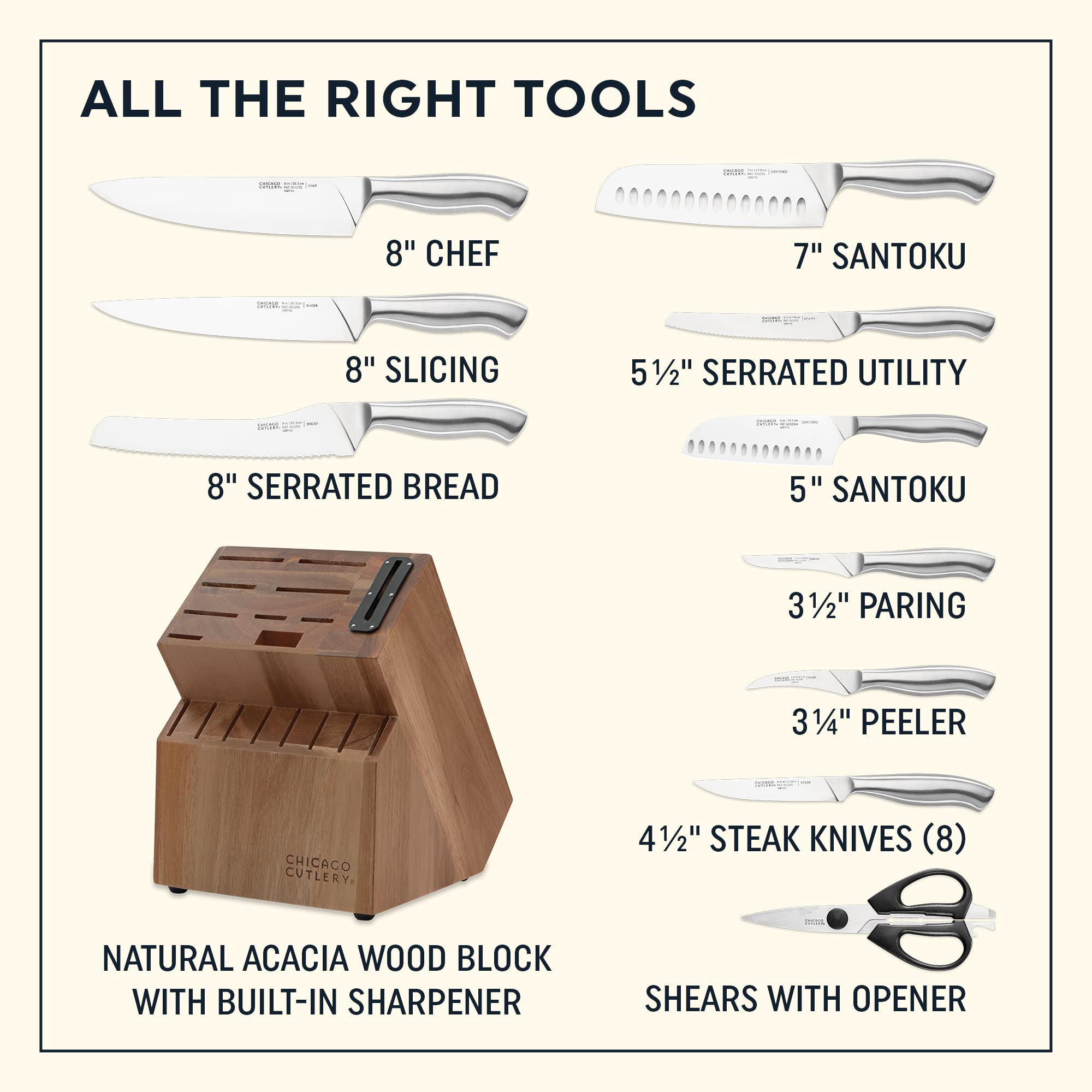 Chicago Cutlery Insignia Steel - Juego de cuchillos de cocina (18 piezas) y afilador integrado, asas ergonómicas contorneadas y afiladas, juego de cuchillos de chef profesionales de acero inoxidable y