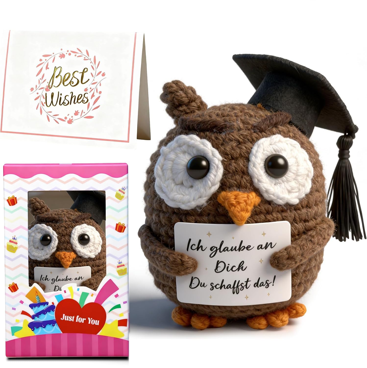 MLZTINGR Handgehäkelte Eule mit Doktorhut – Glücksbringer Abschlussgeschenk – Kuscheliger Pocket Hug mit Glücksmünze & Geschenkbox – Idee für bestandene Prüfung, Studium, Schulabschluss