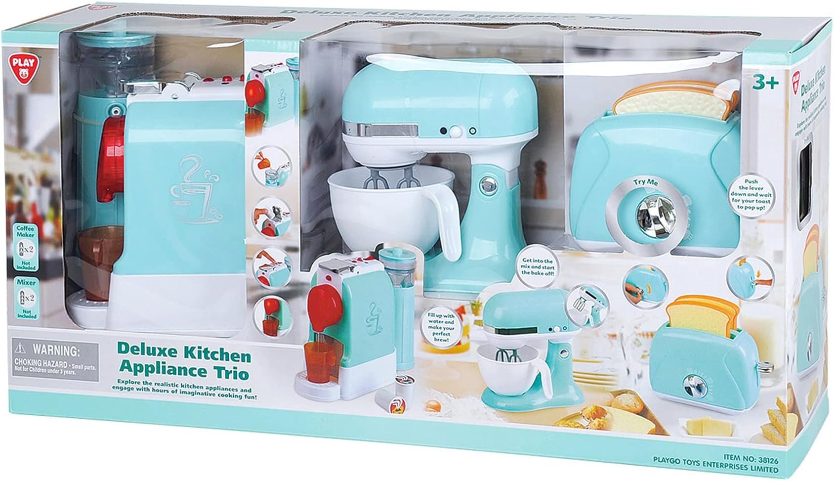 PlayGoMy First Kitchen Appliances Playset; Coffee Maker, Mix Master and Toaster Pretend Coffee Machine (Blue Trio) Designed for Kids Ages 3+ Years