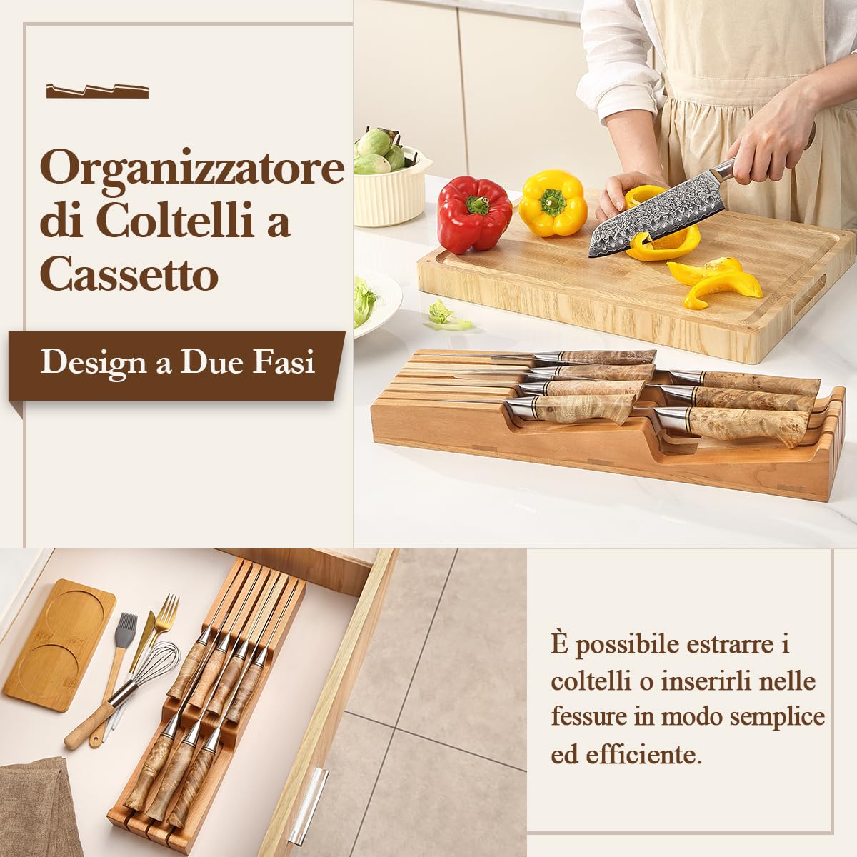 HEZHEN Cassetto Portacoltelli in Legno di Ciliegio, in-Cassetto Blocco di Coltelli da Cucina in Legno Cassetto Organizzatore, Spazio per la Custodia di 7 Coltelli