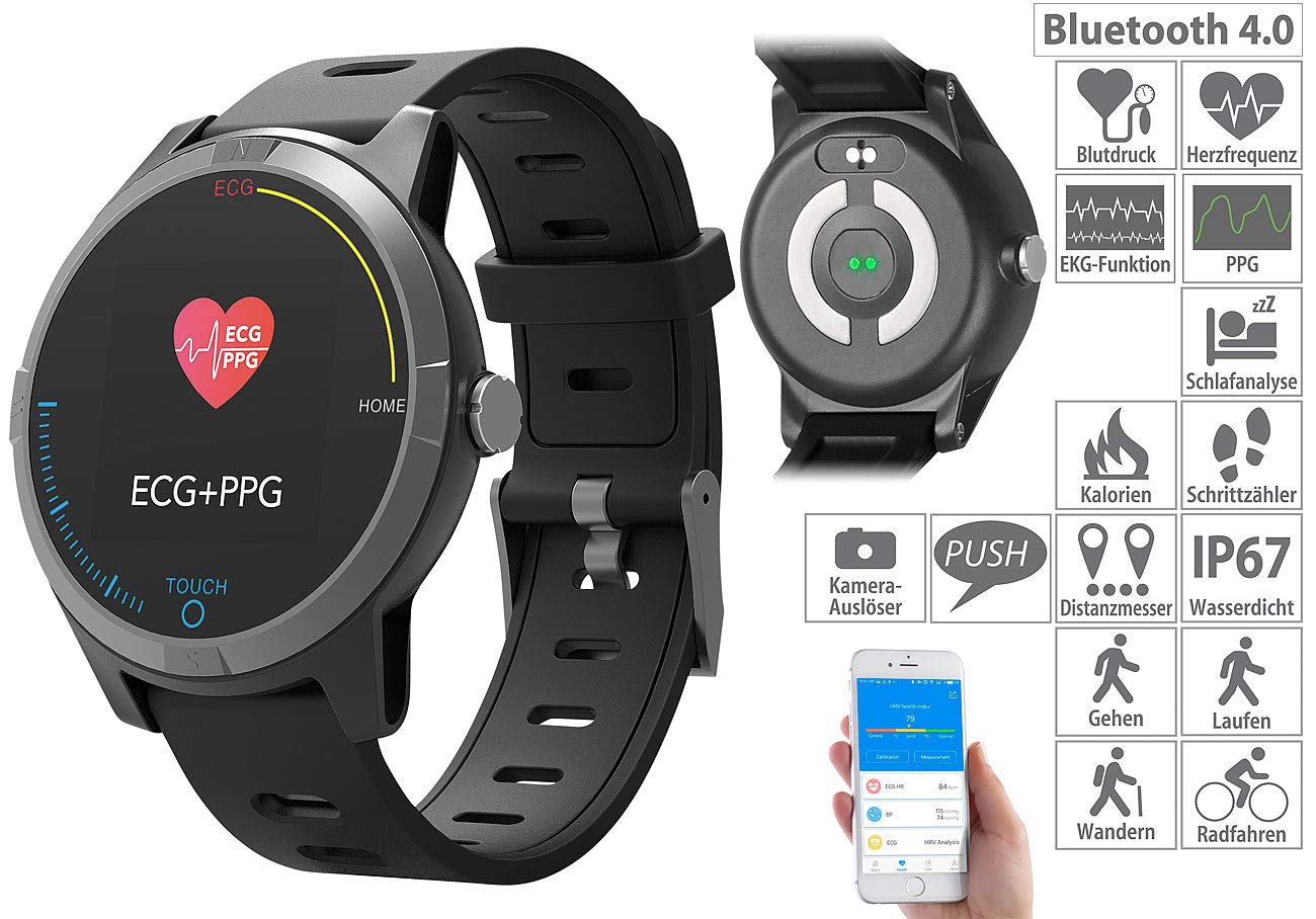 newgen medicals Fitness-Uhr con Bluetooth, frequenza cardiaca, ECG e app, IP67
