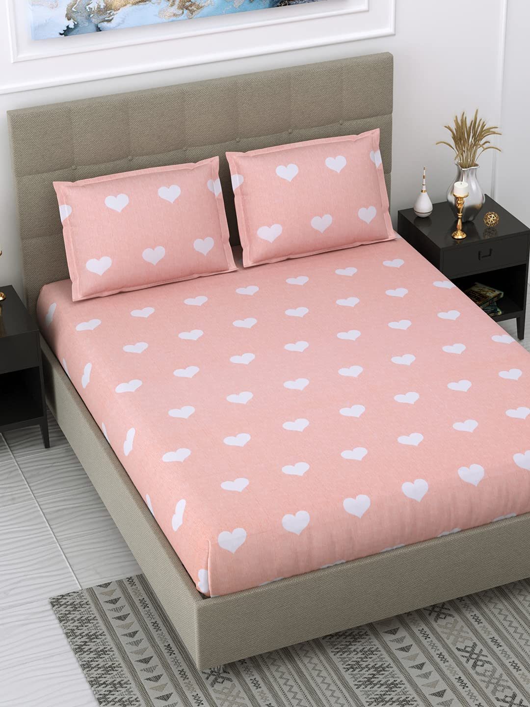 Dream Weaverz Cotton 260 TC Heart Printed Double Bedsheet with 2 Pillow Covers - Queen Size (Pink)