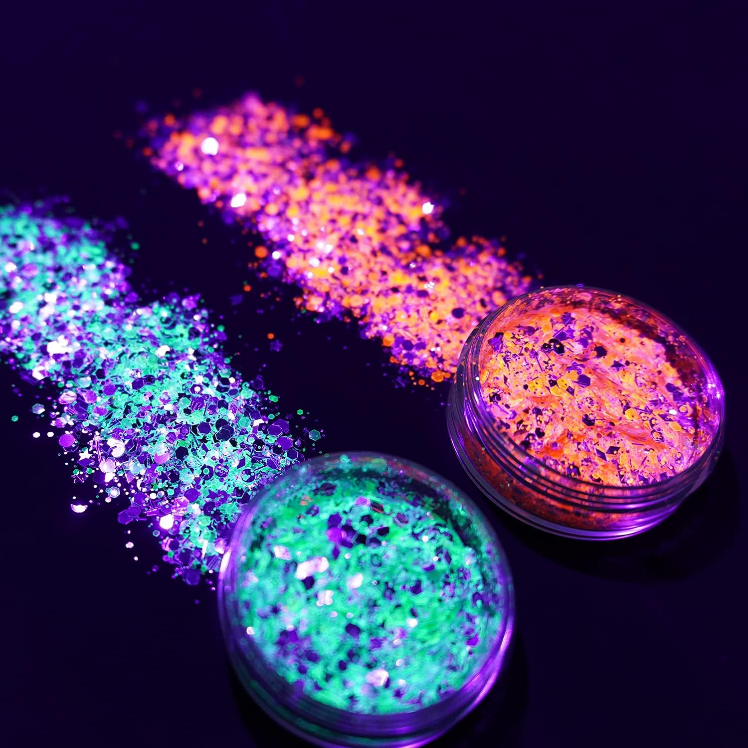UV Black Light Holographic Chunky Cosmetic Glitter - 2 Individual 30ml Jars - for Halloween, Crafts, Festival, Rave, Yoga, Body, Face, Nails, Party Makeup - Colors are Bright and Fluorescent : Beauty & Personal Care