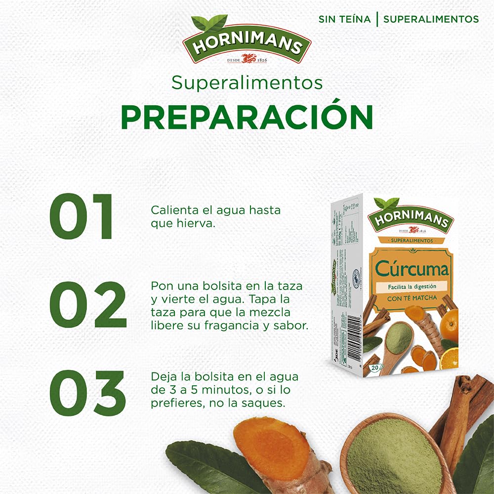 Hornimans Infusión de Cúrcuma con Té Matcha 100% Natural | 20 bolsitas | ConTeína