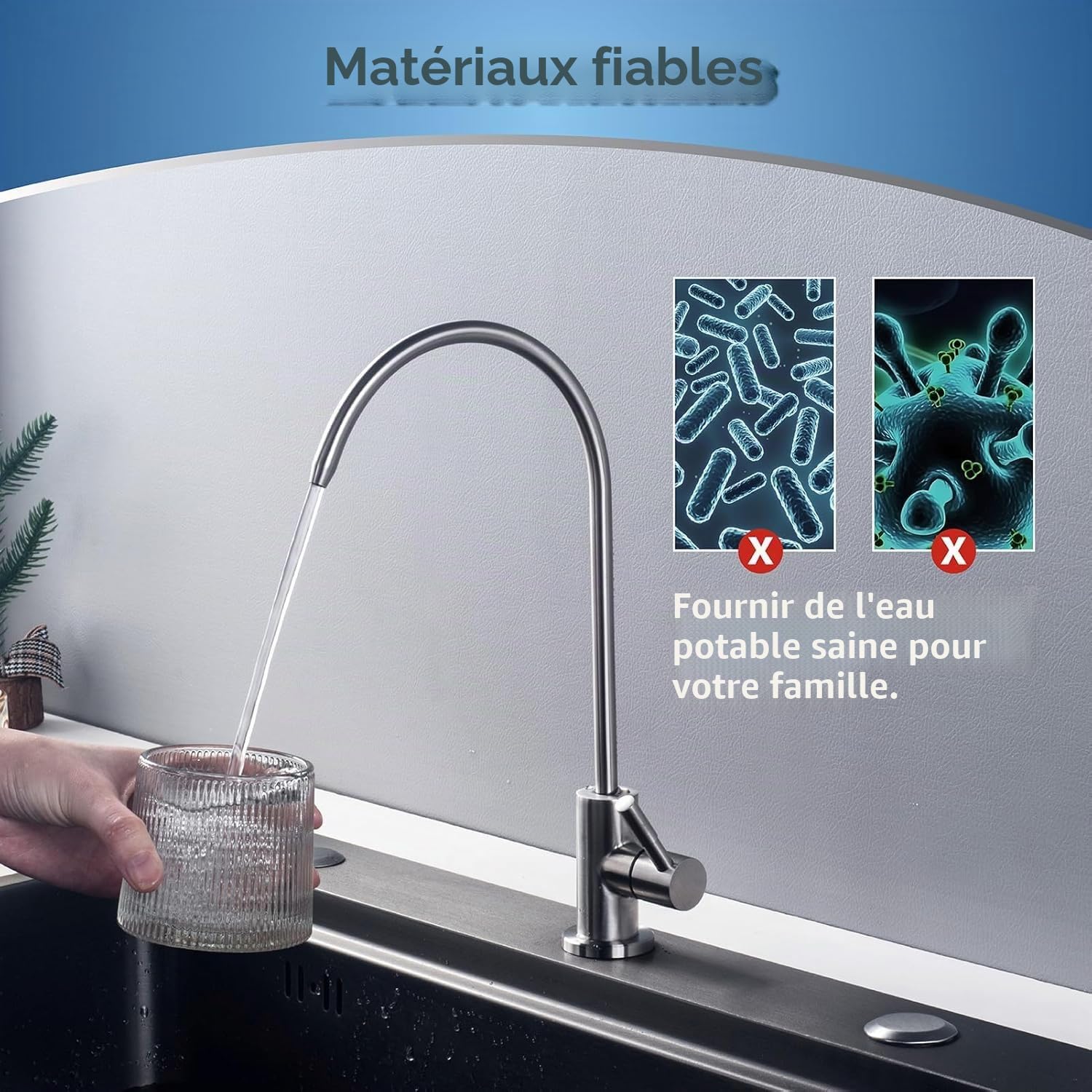 Robinet de Filtre à Eau Inox 1/4", 360° Pivotant pour Osmose Inverse Sous Évier