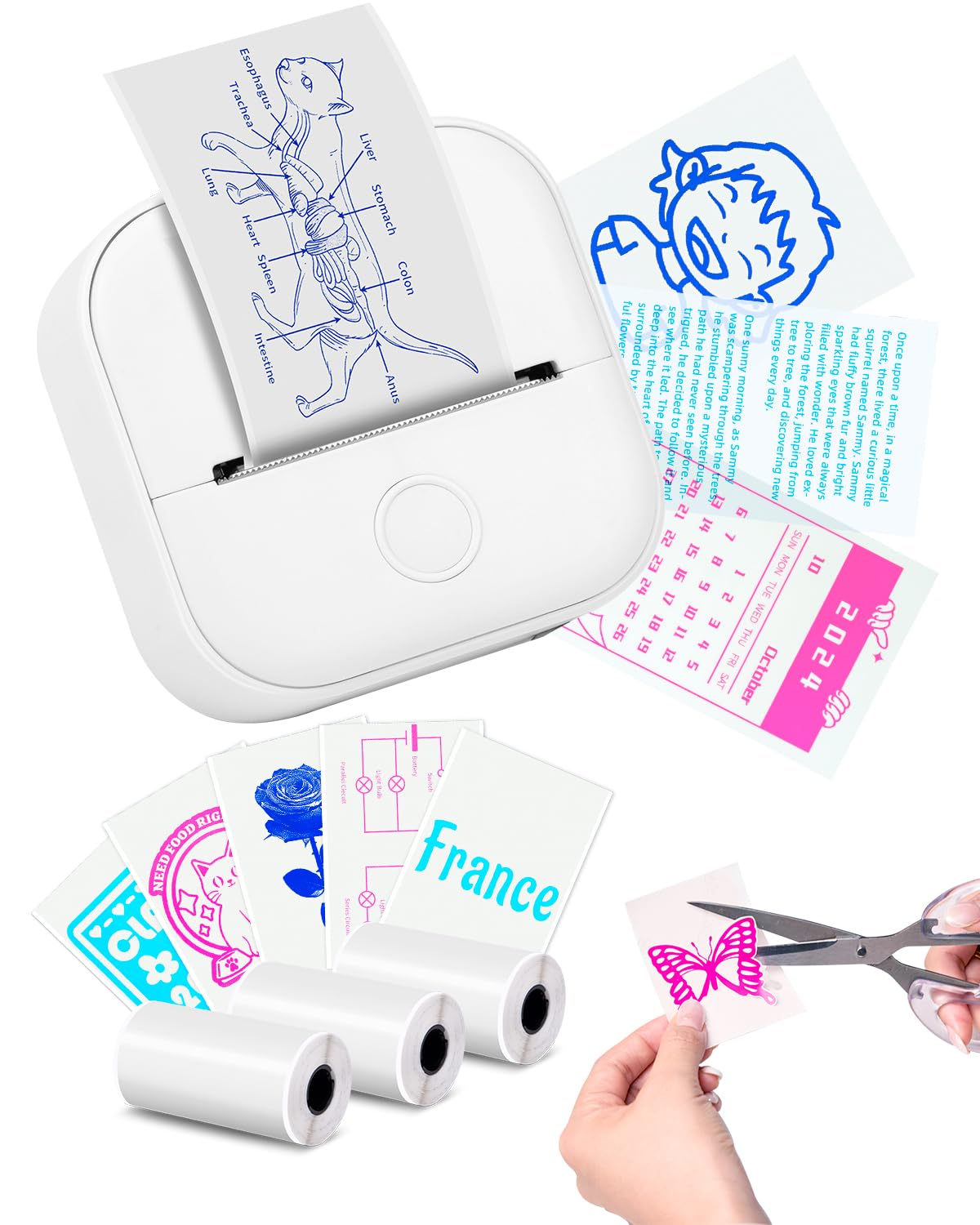 Memoking T02 Mini Drucker Mini Fotodrucker Mini Thermodrucker Tragbarer Drucker Bluetooth Tiny Printer für Jungen & Mädchen, Mini Printer für Studie Grafik, Anatomisches Diagramm, Foto,Geschenke, Weiß