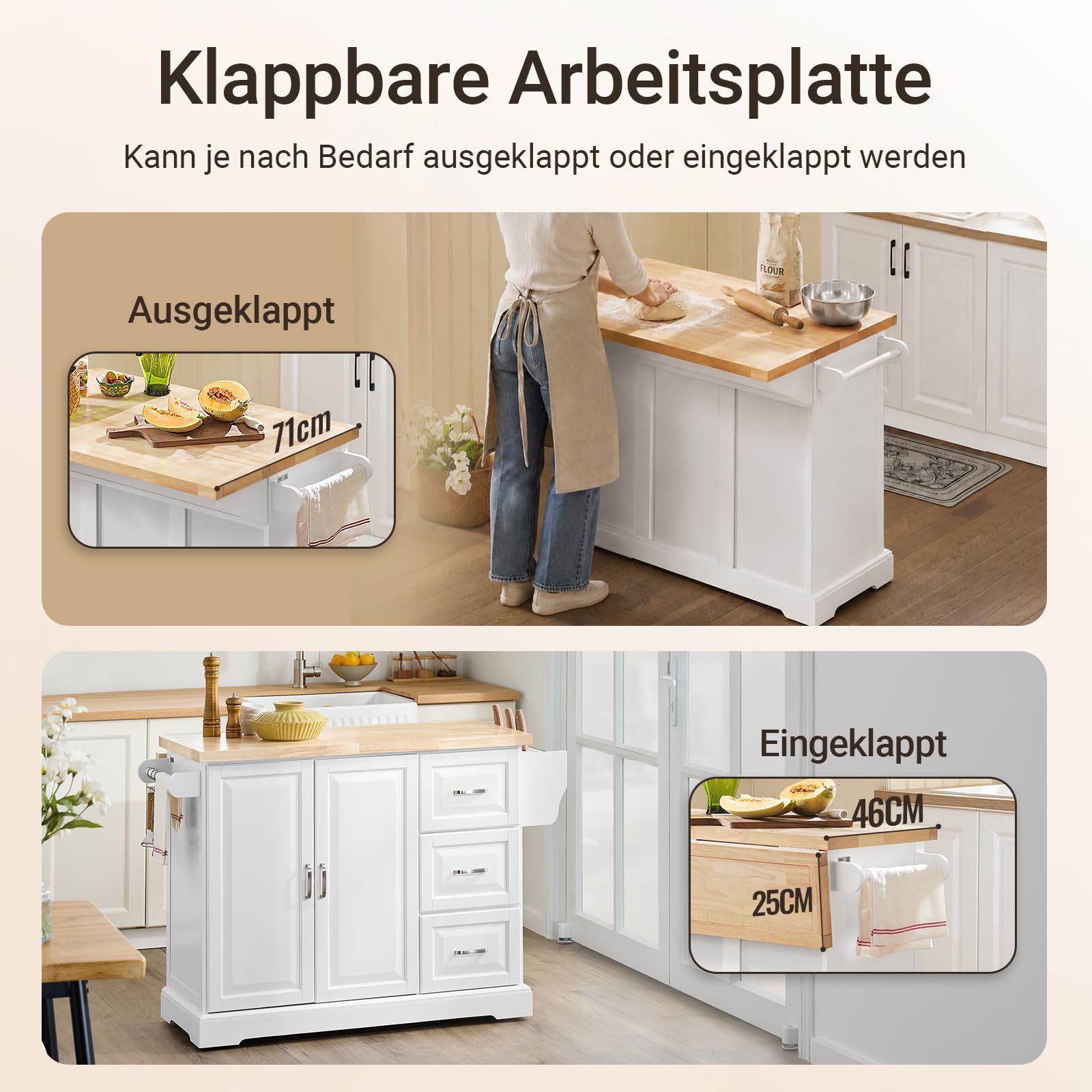 SoBuy Kücheninsel mit Rollen, mobiler Küchenwagen mit ausklappbarer Massivholz-Arbeitsplatte und 3 Schubladen, mobiler Küchenschrank für kleine Küchen und Familien, Weiß, 130x91x(46-71) cm FKW41-II-WN