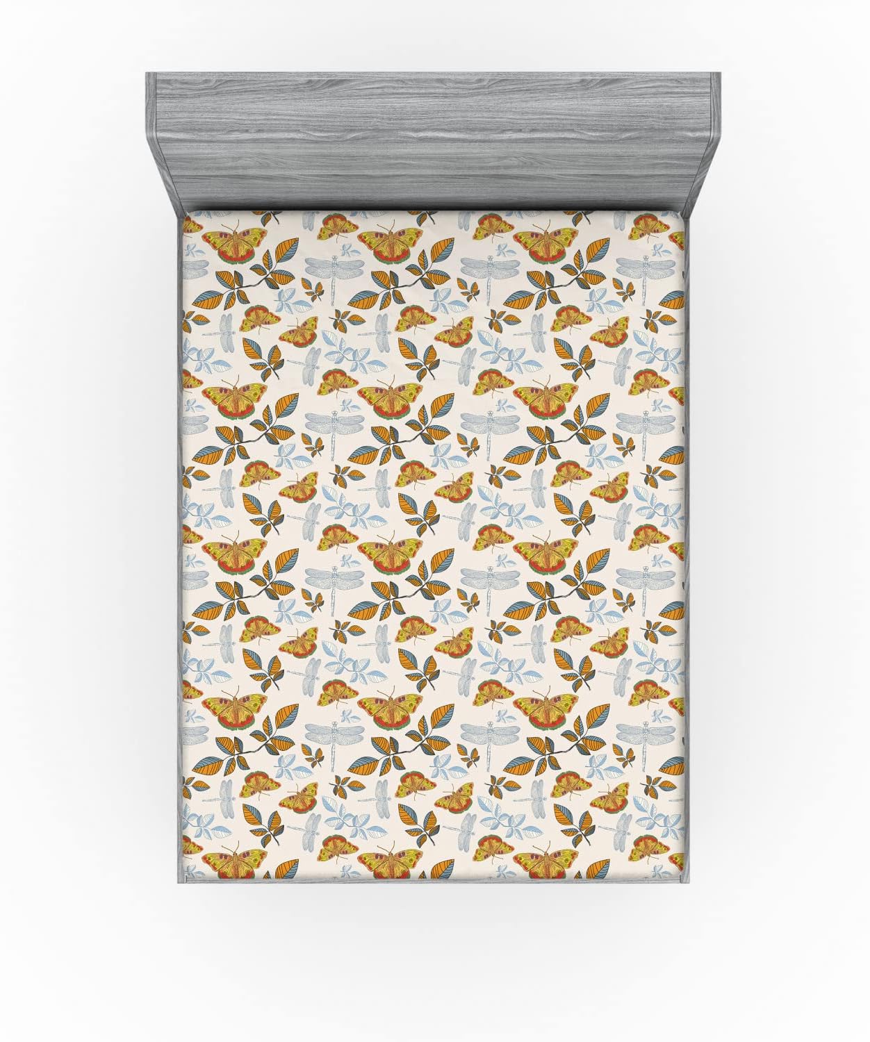 Ambesonne Autumn Fitted Sheet, Butterfly Leaves Dragon Fly Flora Insects Romantic Season Illustration, Bed Cover with All-Round Elastic Deep Pocket for Comfort, Full Size, Eggshell and Marigold