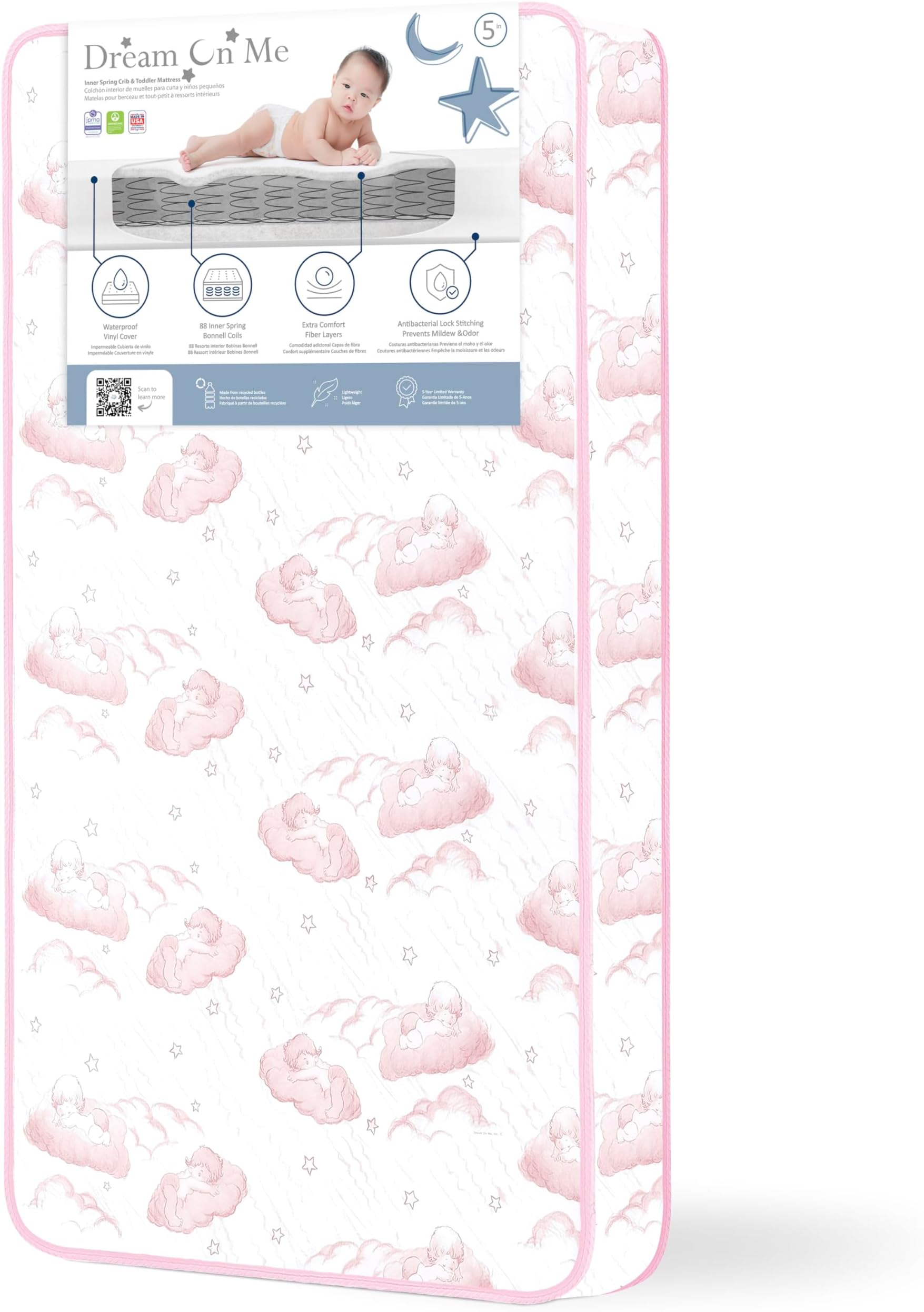 Dream On Me Twilight 80 Coil Spring Crib and Toddler Bed Mattress, Wave Pink, 5"