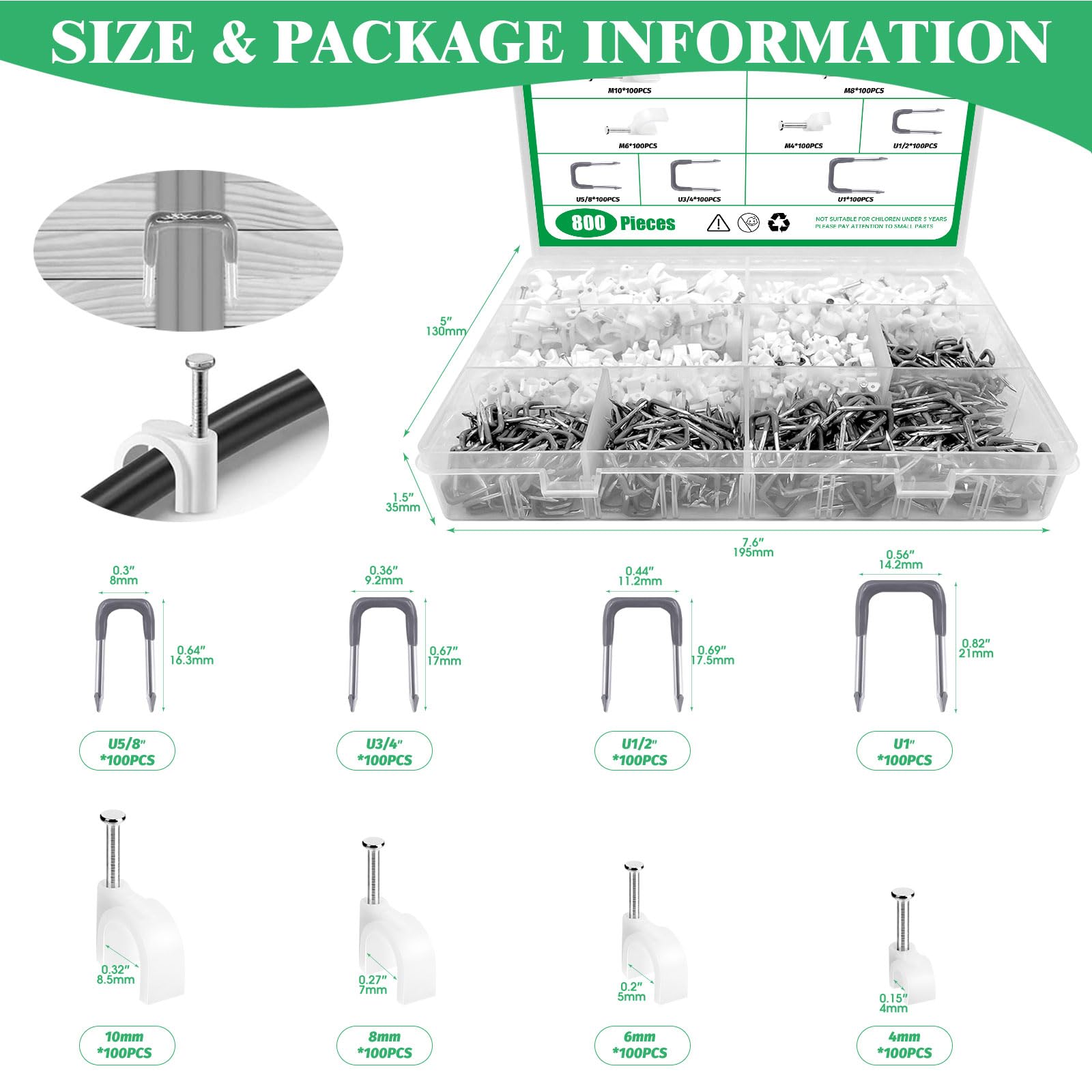 800Pcs 4mm 6mm 8mm 10mm J-Hook Ethernet Cable Nails Wire Clips with Steel Nails and 5/8" 3/4" 1/2" 1" Insulated U Staple Nail for Home Office Business — Amazon image 2