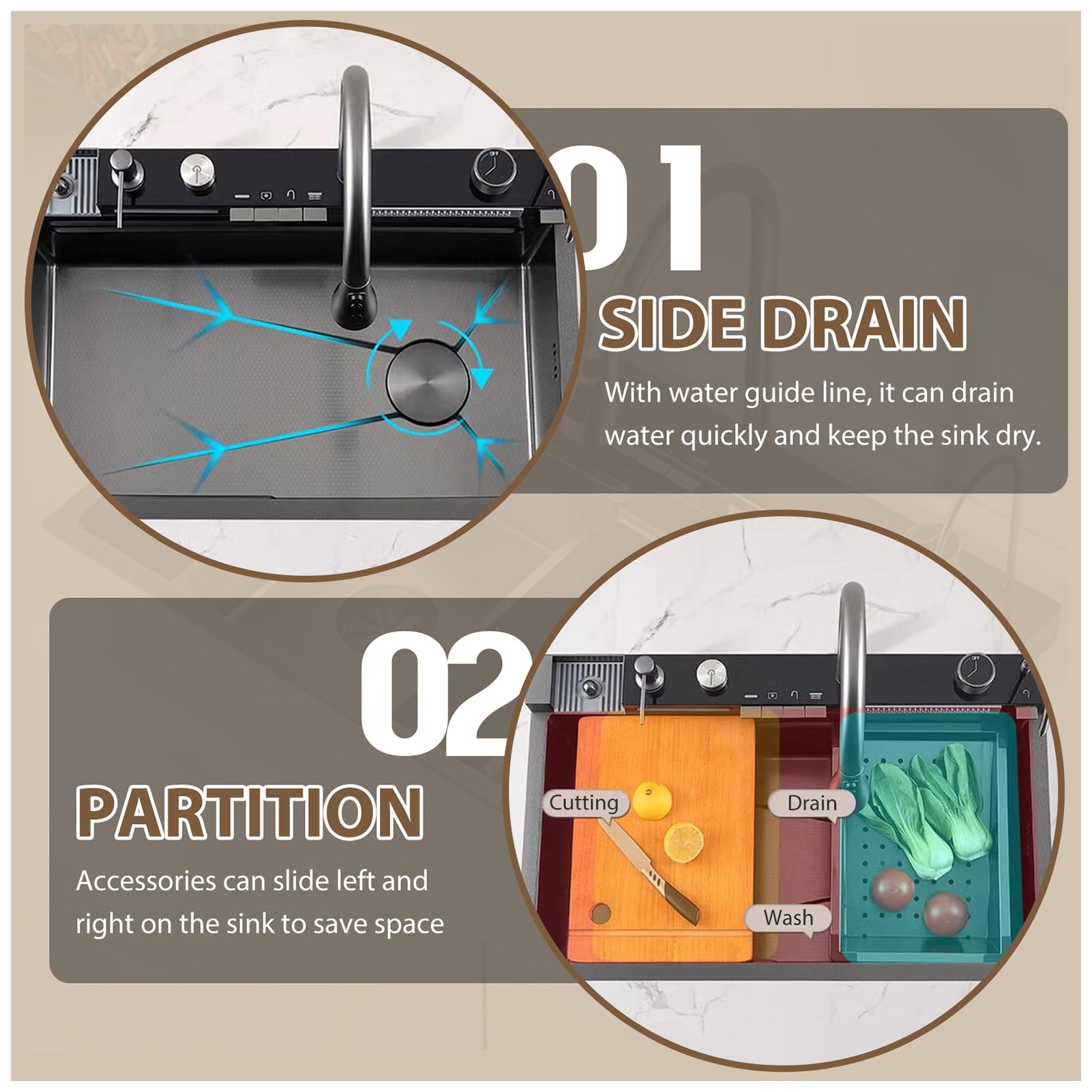 Fregadero de Cocina Tipo Cascada Mejorado, Fregadero Inteligente de Acero Inoxidable Nano con Grifo extraíble, lavavasos, Kit de desagüe, Fregadero Grande de un Solo Seno Estilo gr