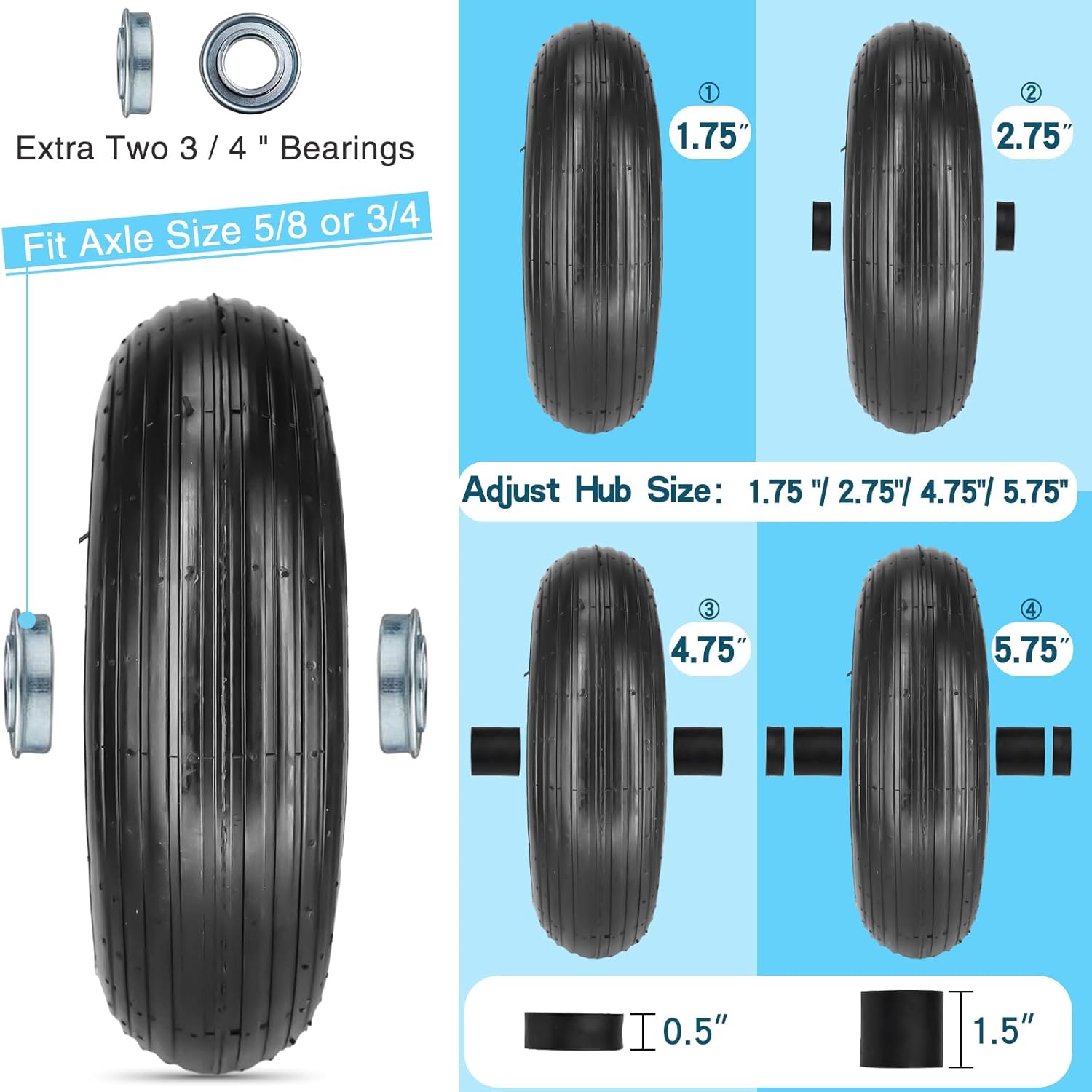 SIMEIQI 13×4.00-6” Pneumatic Tire and Wheel Compatible with Wheelbarrow,5/8" and 3/4" Bearings Centered Hub for Garden Carts Trolley Dolly
