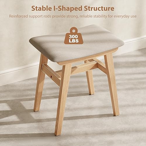 Miniatura 6 de Taburete de tocador de madera maciza, silla de maquillaje compacta con cojín de sillín, asiento de esponja de alto rebote cubierto de lino, taburete