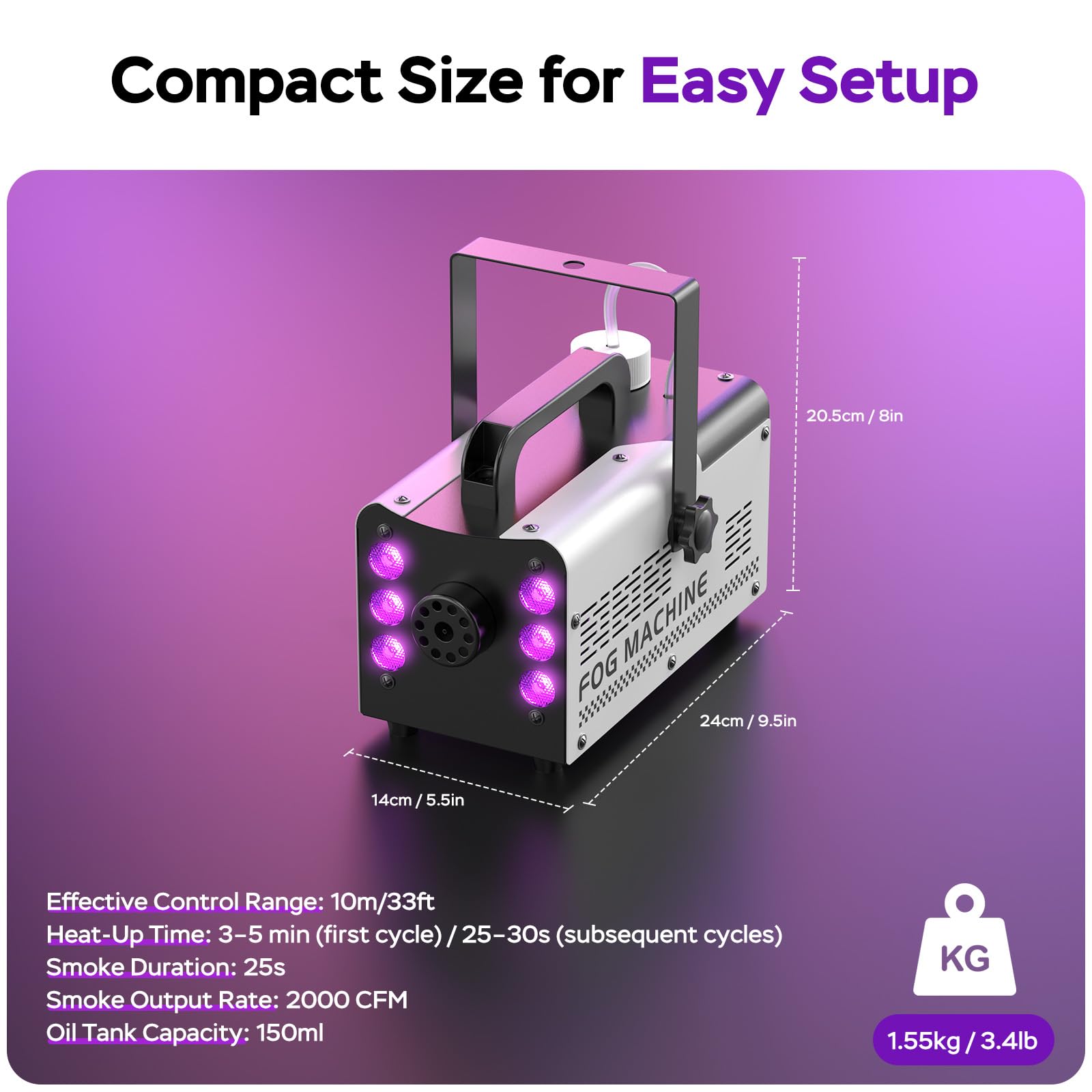 Machine à fumée Mini 1000W avec 6 LED RGB, télécommande et commande filaire