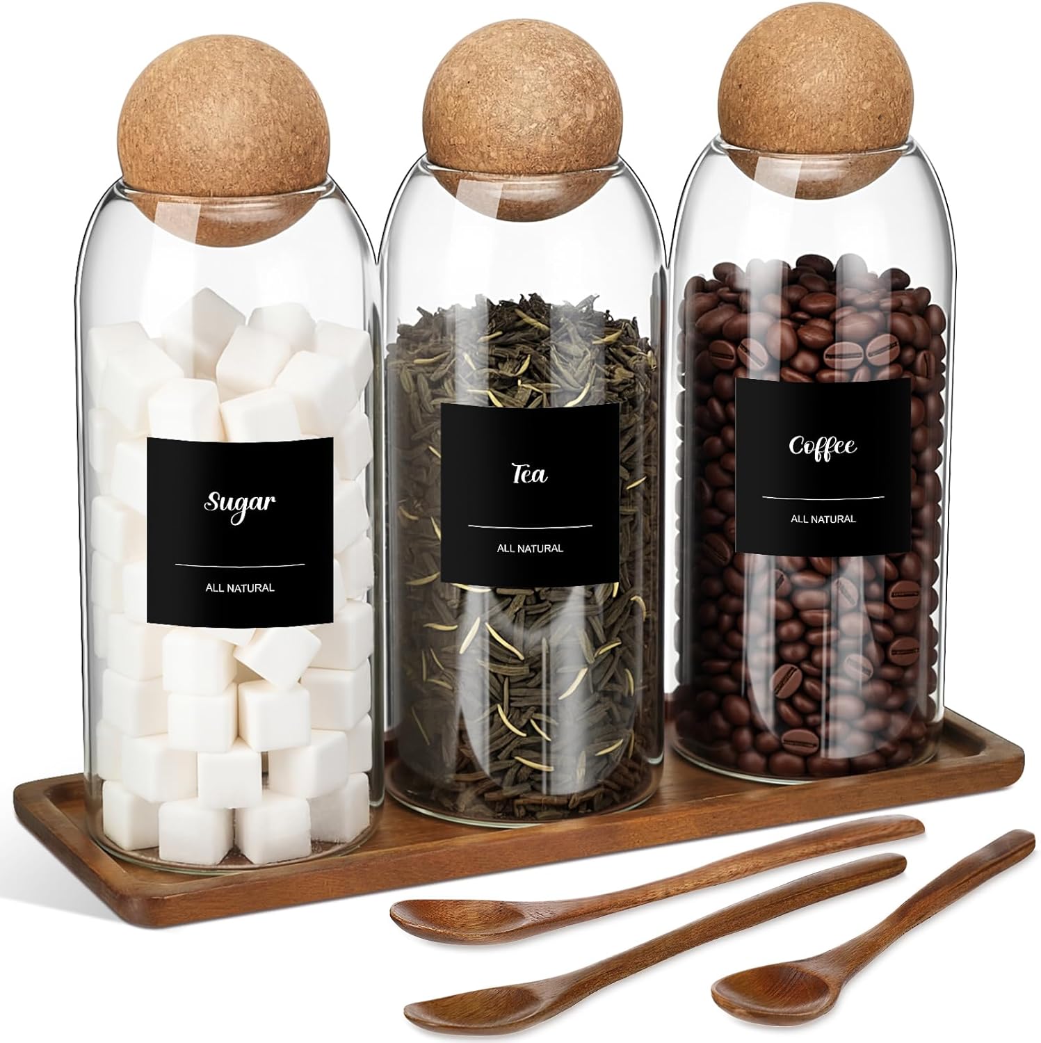 Suclain 3 Pcs Glass Coffee Storage Jar with Ball Cork Lid Wooden Spoon Shelf Labels Airtight Round Bottle Jar Food Storage Canister Set for Sugar Spice Coffee Bean Holder Candy Gift(17, 27, 41 oz)