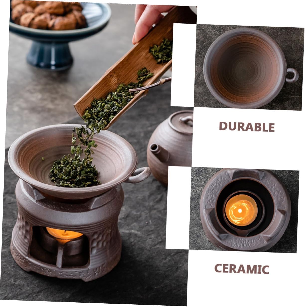 MAGICLULU Ceramic Tea Warmer with Candle Stand Brown Teapot Tray Base for Home Office Hotel and Tea House Use Premium Safe Material and
