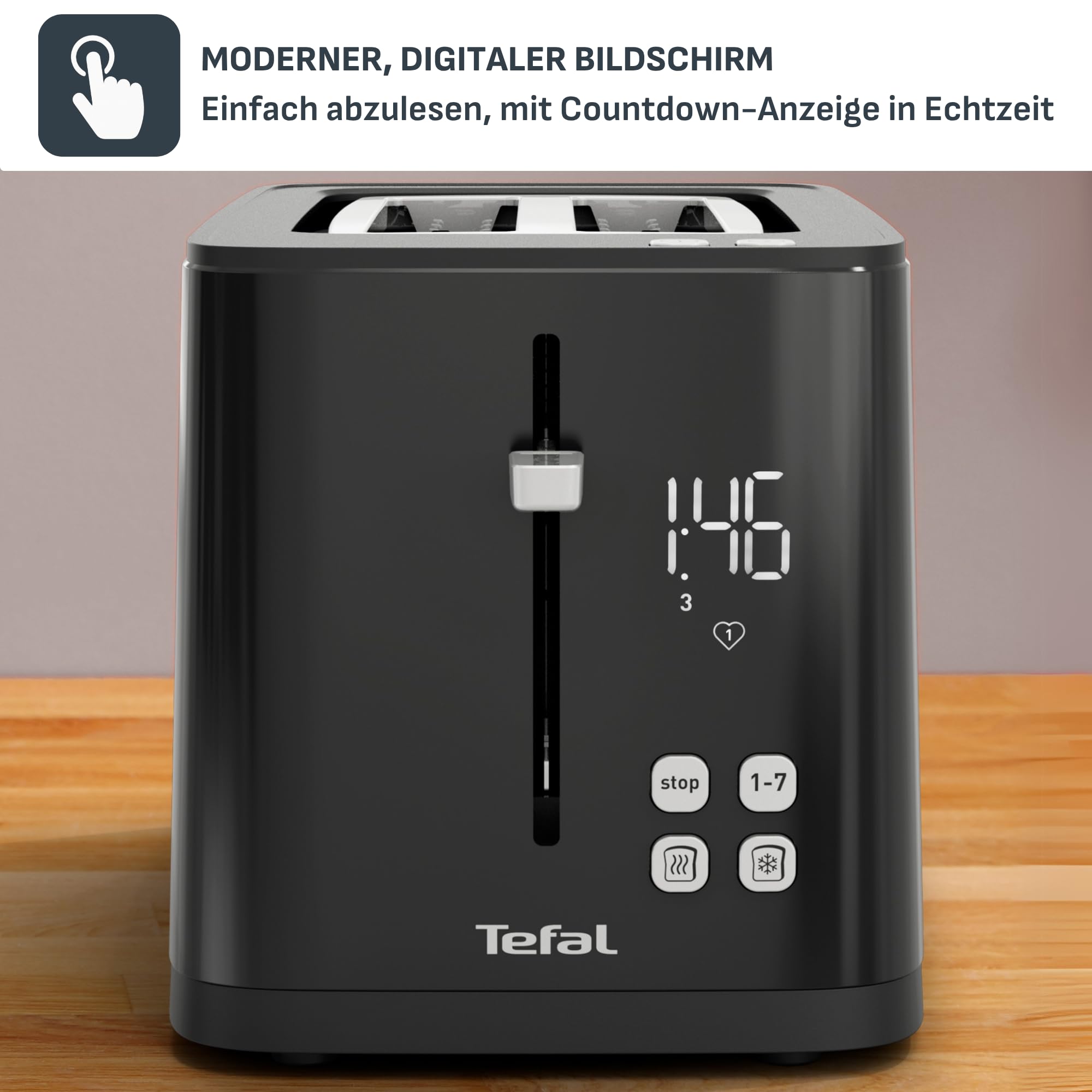 Tefal Digitaler Edelstahl-Toaster – Für perfekt gebräunte Toastscheiben auf Knopfdruck, 7 Bräunungsstufen, Favoritenfunktion & Digitalanzeige, gleichmäßige Hitze, Auftaufunktion & Design für Genießer