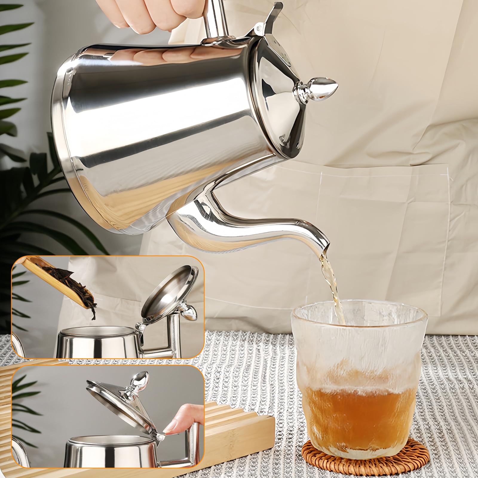 Teiera con inserto per colino, teiera in acciaio inox con filtro da 1 l, teiera a doppia parete con coperchio, teiera, teapot, tea per fornelli a induzione, fornello elettrico in ceramica a gas