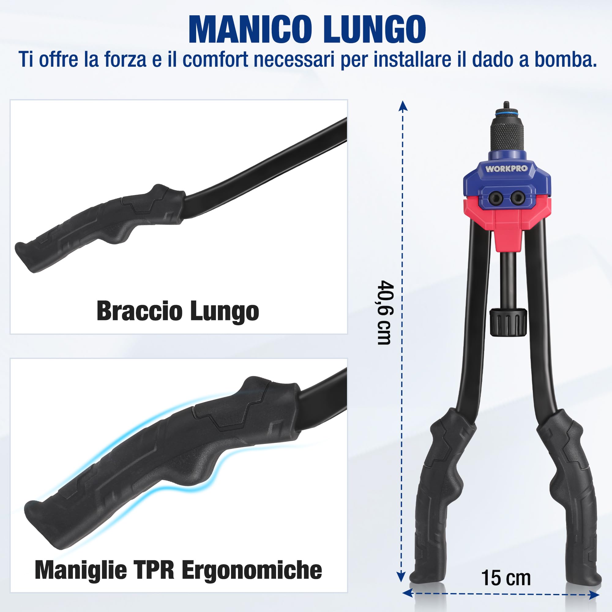 WORKPRO Strumento per Rivetti da 40,6 cm, con 11 Mandrini metrici e SAE, Set di Rivetti a Mano con 185 rivadi, rivettatrice Manuale con Inserto filettato con Custodia per Il Trasporto | Set di Rivetti a Mano con 185 rivadi, rivettatrice Manuale con Insert
