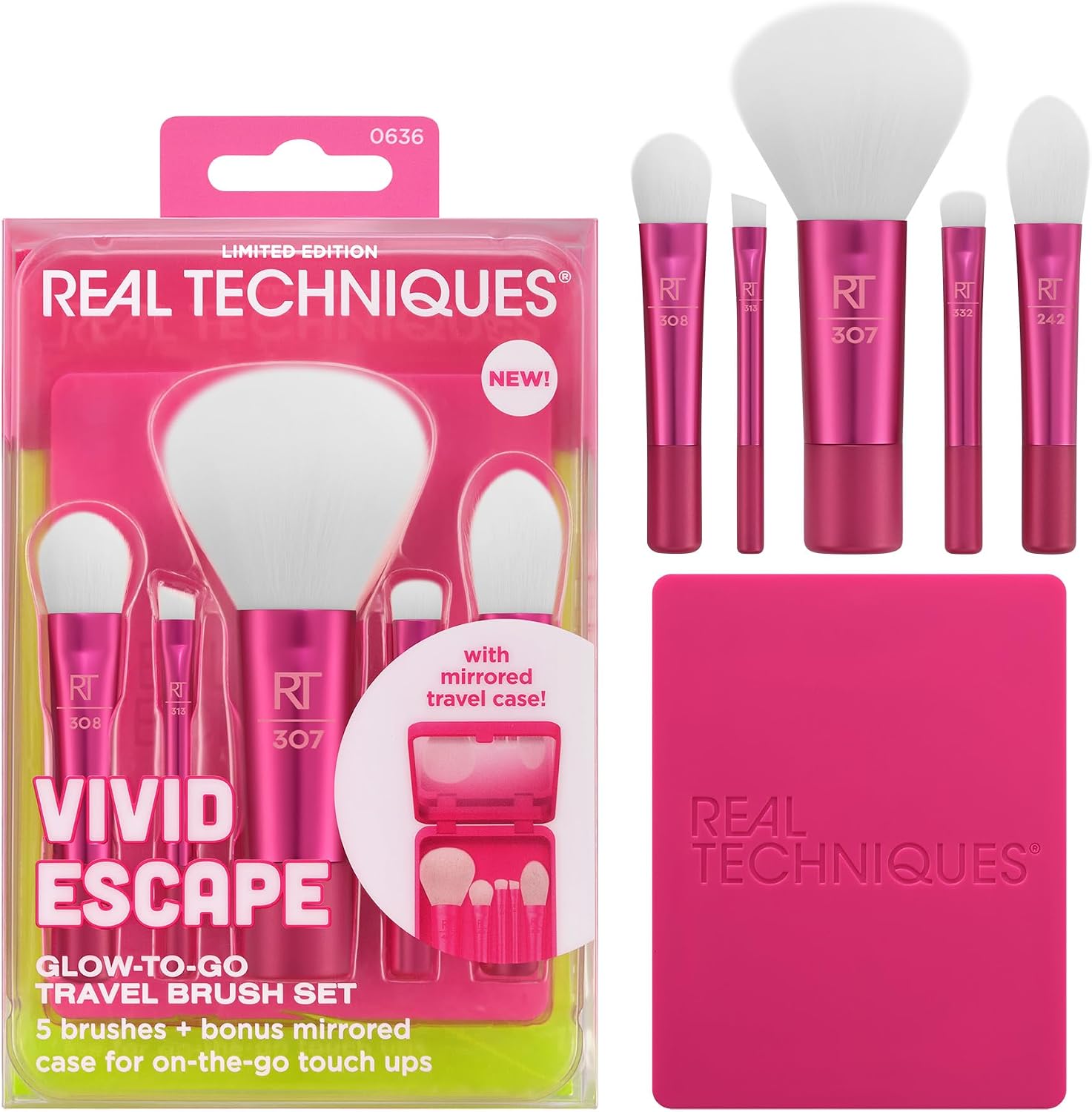 Real Techniques Vivid Escape Glow-To-Go Travel Makeup Brush 6 Piece Set, Mini Size Makeup Brushes For Eyeshadow, Concealer, Contour, & Blush, Includes Mirror Cosmetic Case, Cruelty-Free & Vegan