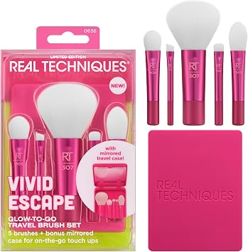 Real Techniques Vivid Escape Glow-To-Go Travel Makeup Brushes Set of 6, Mini Size Makeup Brushes for Eyeshadow, Concealer, Contour, Blush with Mirror Cosmetic Case, Cruelty Free & Vegan
