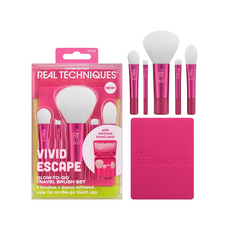 Real Techniques Conjunto com 6 Pincéis de Maquiagem para Viagem Vivid Escape, Tamanho Mini, com Estojo com Espelho