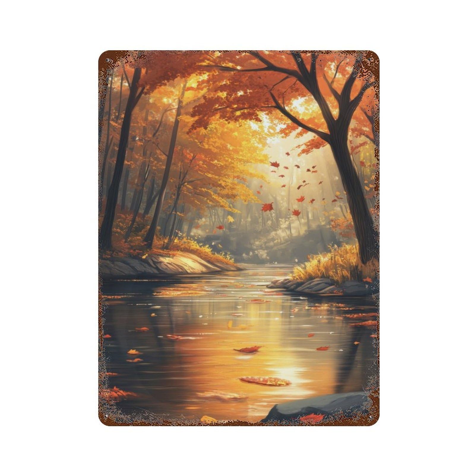 Autumn River Scene 15.7"x11.8" Aged Metal Wall Plaque, Novelty Wall Decor for Shed, Workshop And Garage Wall Decor