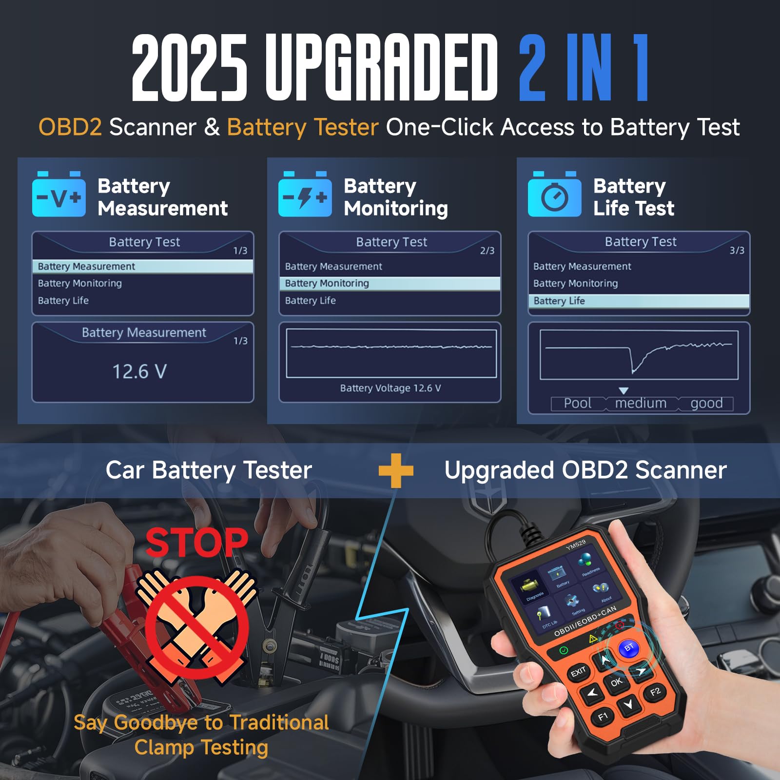 Escáner Profesional OBD2 con Herramienta de diagnóstico del probador de batería Pantalla IPS de 2,8 Pulgadas, Comprobar la preparación de Las emisiones, Leer y borrar los códigos de Error, Naranja