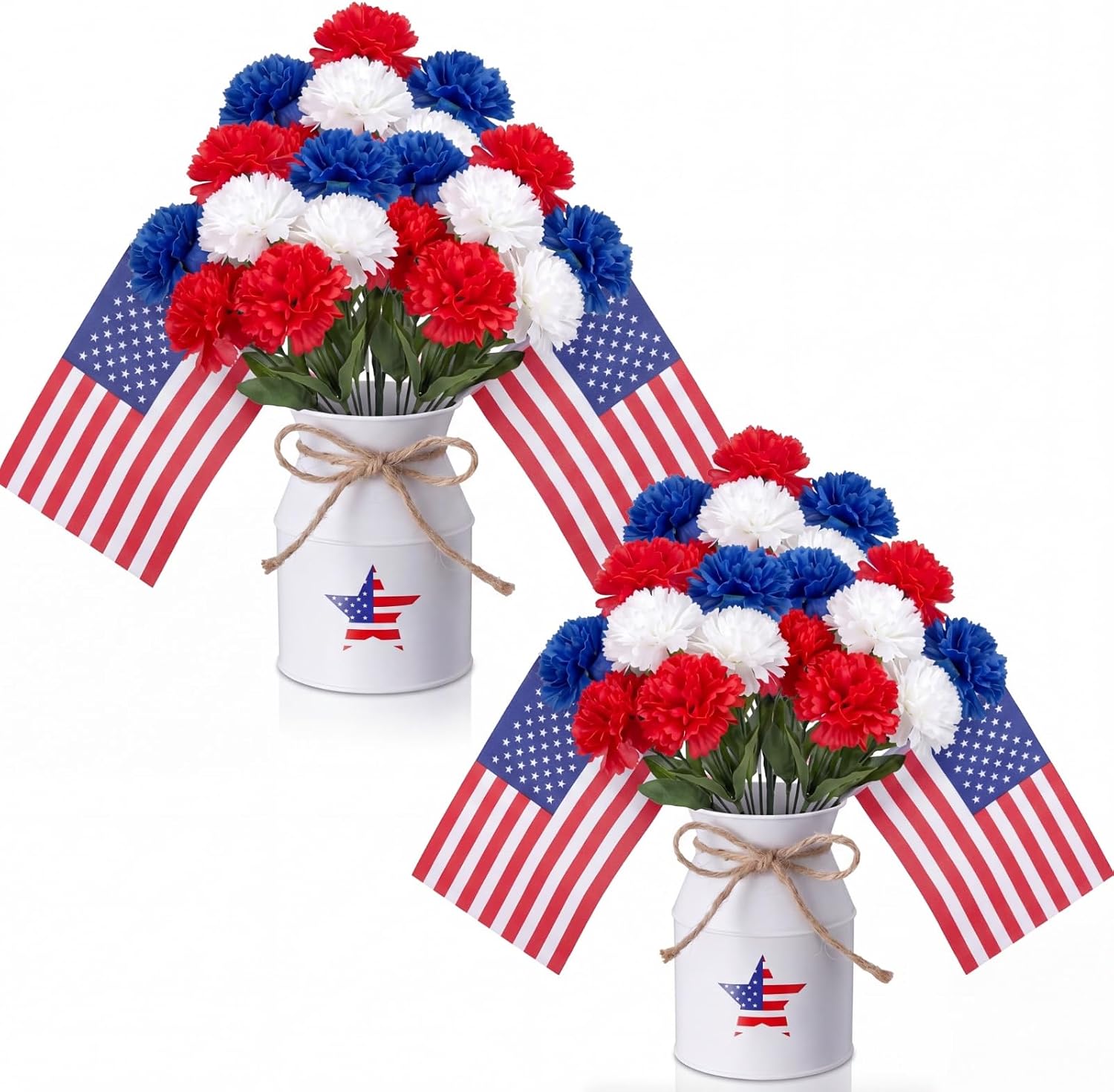 6 Pcs 4th of July Table Centerpiece Decoration 250 Anniversary USA Table Flower Decor Independence Day Patriotic Vase with Red White Blue Artificial Flower Mini American Flag (Mums)