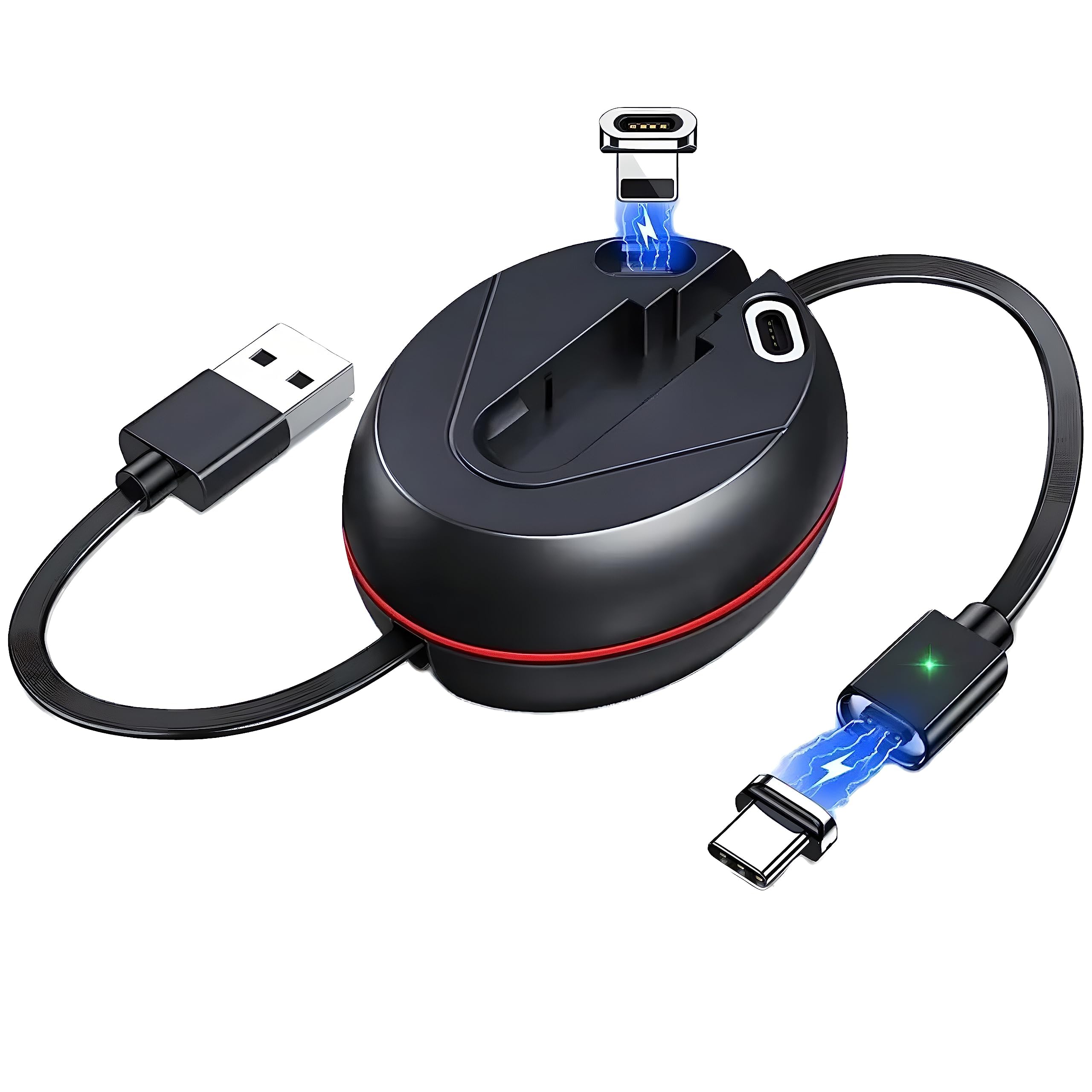 TERRIFI USB Charger Cable, 3 in 1 Retractable Magnetic Charging Cable, 3ft Multi Charging Cable for Travel, Compatible with USB Type C, Micro USB and iPhone Devices