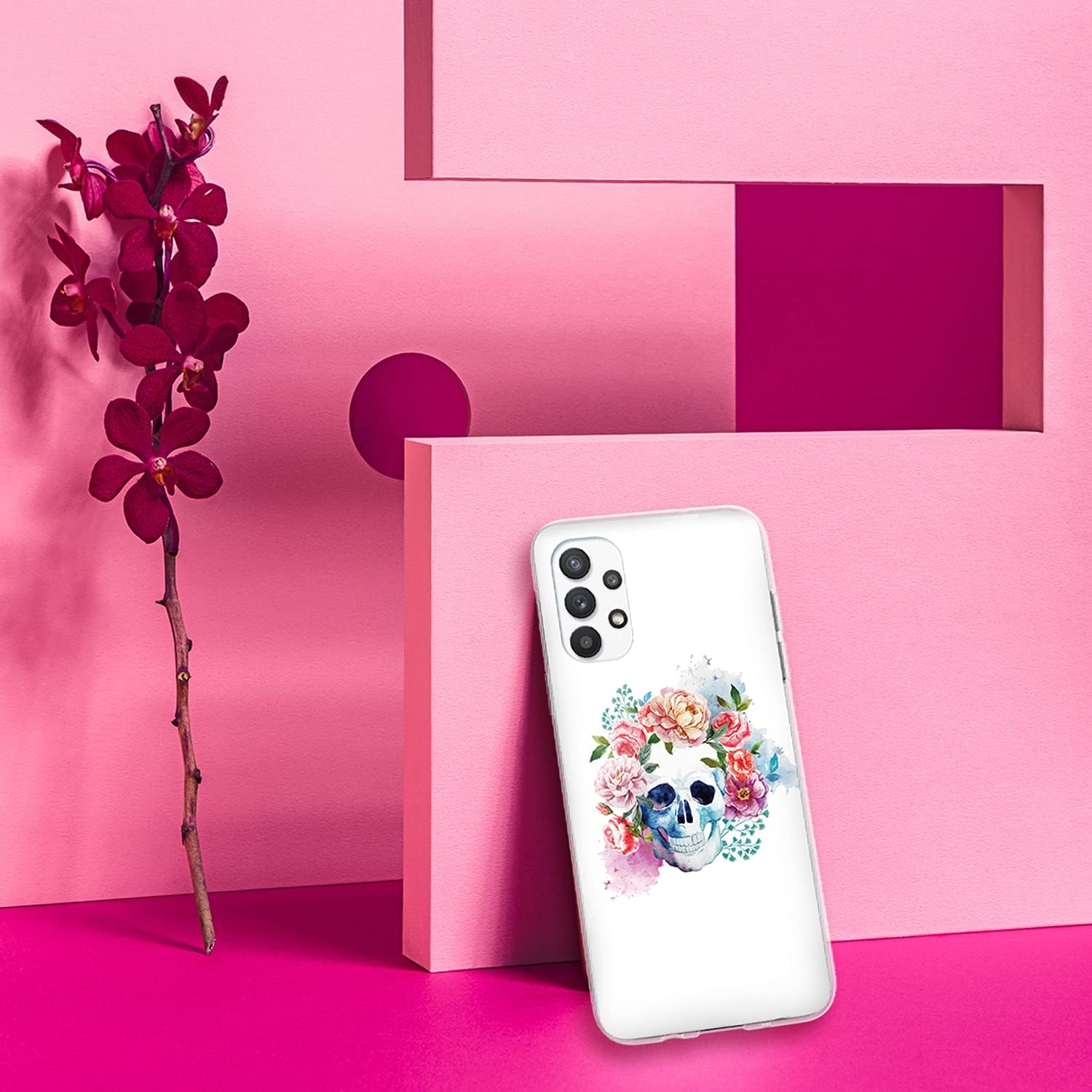 TJS Compatible with Samsung Galaxy A32 5G Case, with [Tempered Glass Screen Protector] Slim TPU Matte Color Marble Transparent Clear Soft Skin Phone Case Protector Cover (Flower Skull)